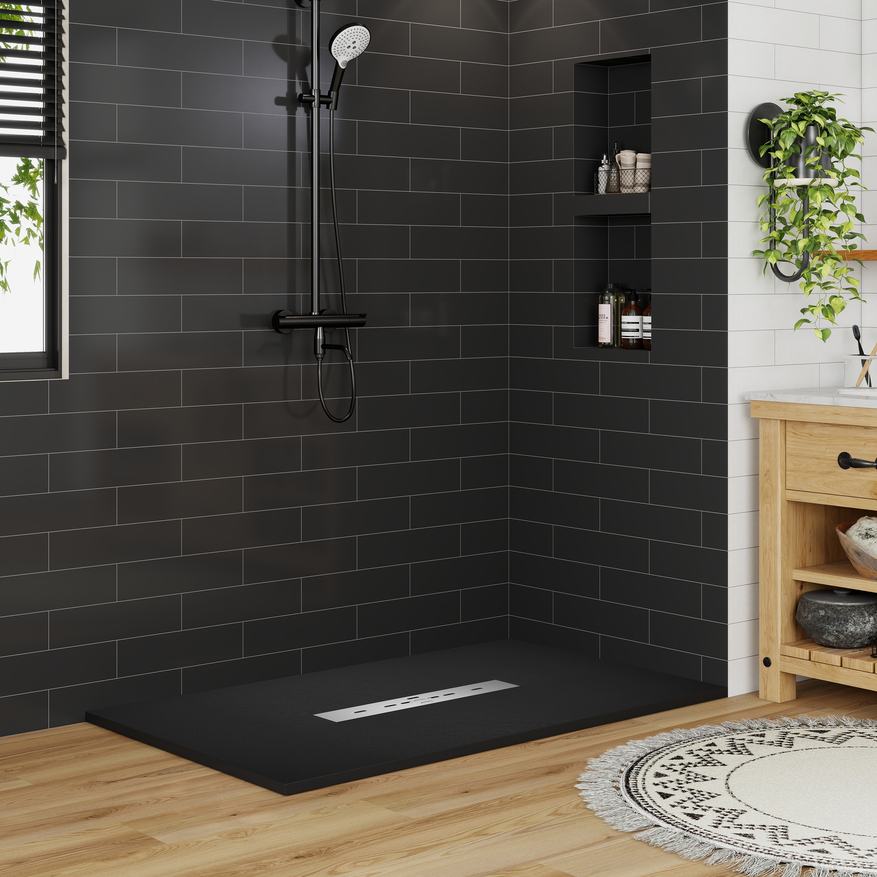 CASAINC 60 in x 36 in Black SMC Shower Base with Center Drain Low-Threshold Anti-Slip Design Durable Crack-Resistant Construction with Aluminum Flashing Kits