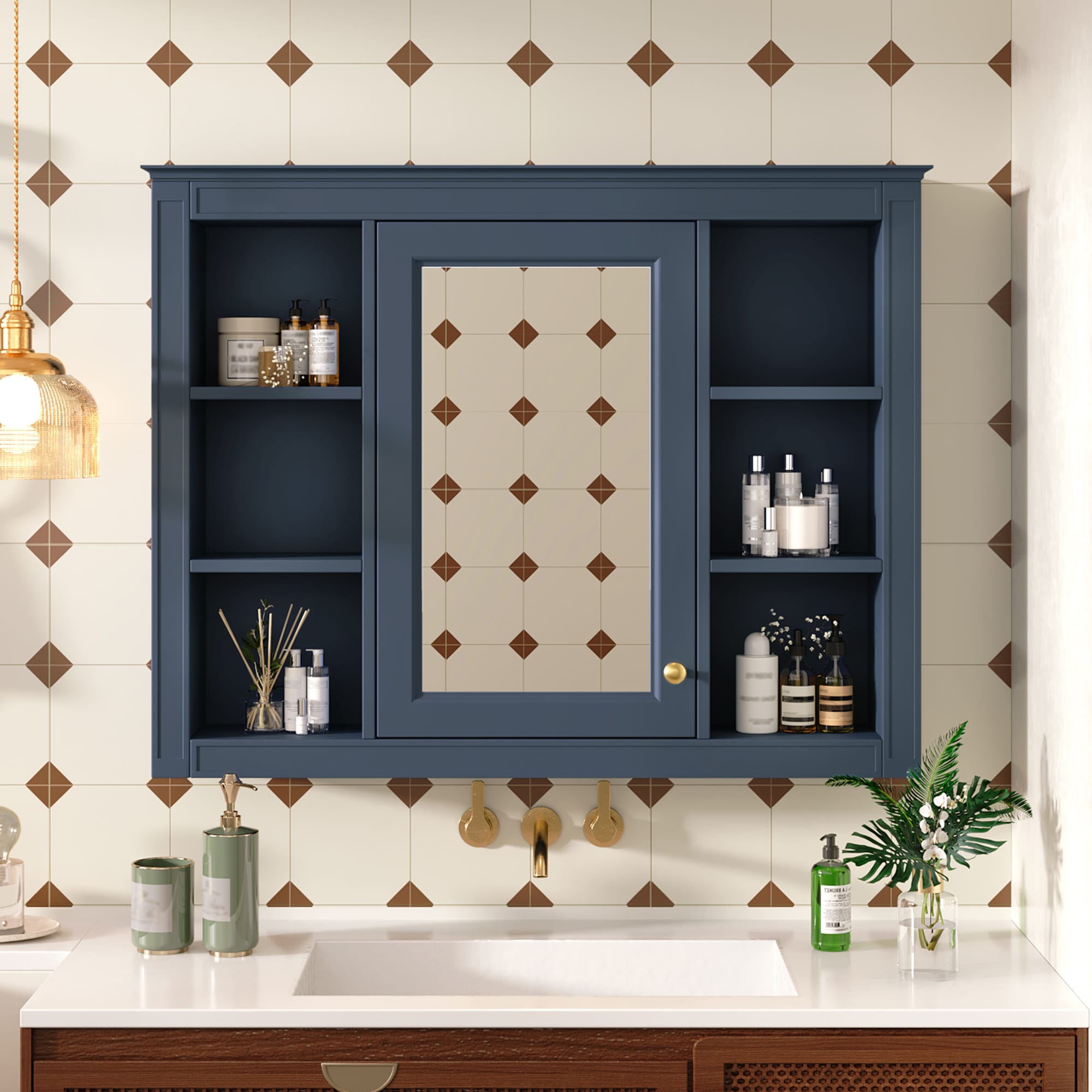 JPJPUU 35-inch Modern Blue Bathroom Wall Storage Cabinet with Mirror and 6 Open Shelves