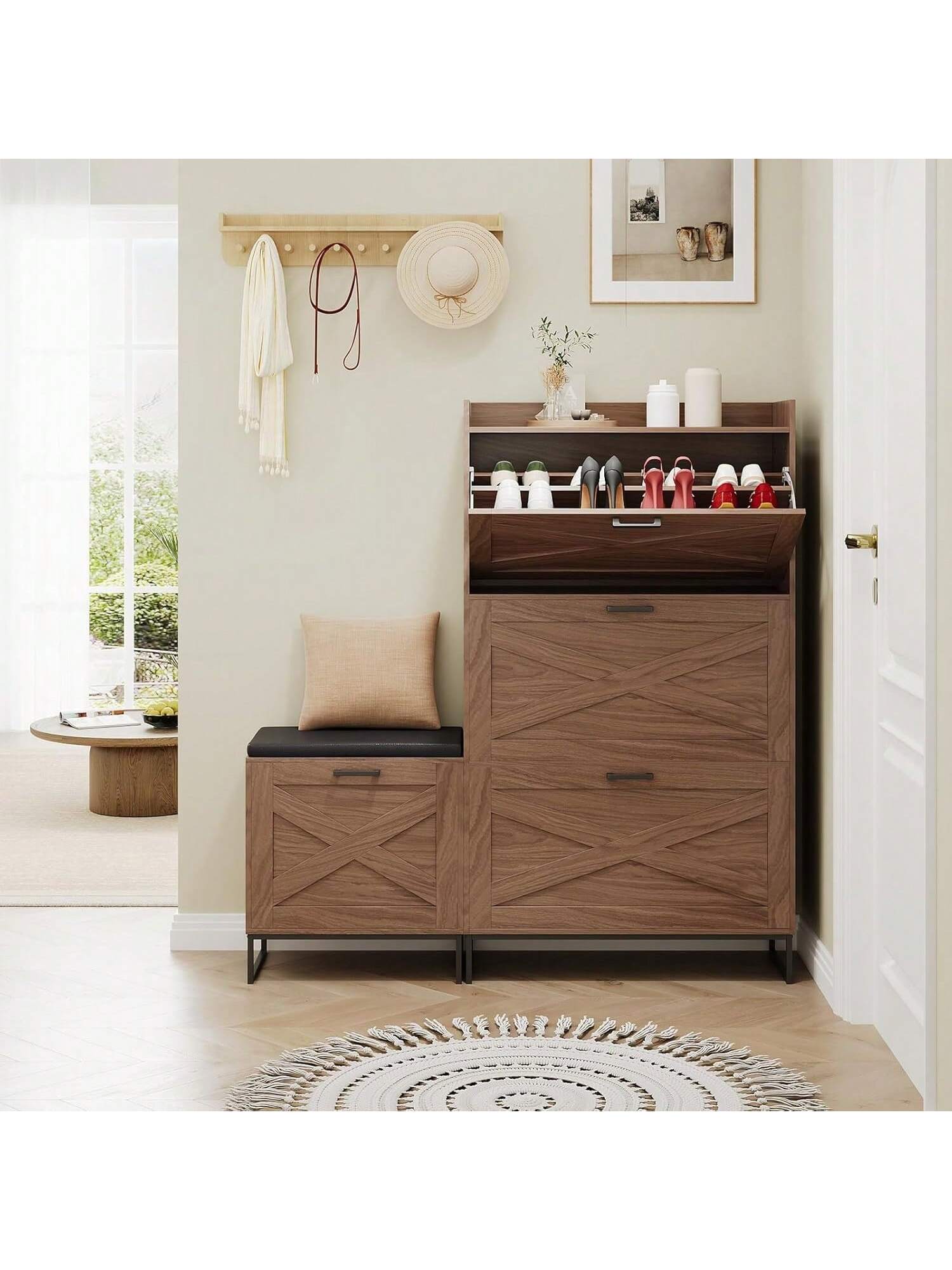 Garvee Farmhouse Shoe Cabinet With Bench For Entryway 3 Flip Drawers Storage Shoes Organizer Narrow Hidden Shoe Rack Cabinet For Hallway Closet Living Room Entrance