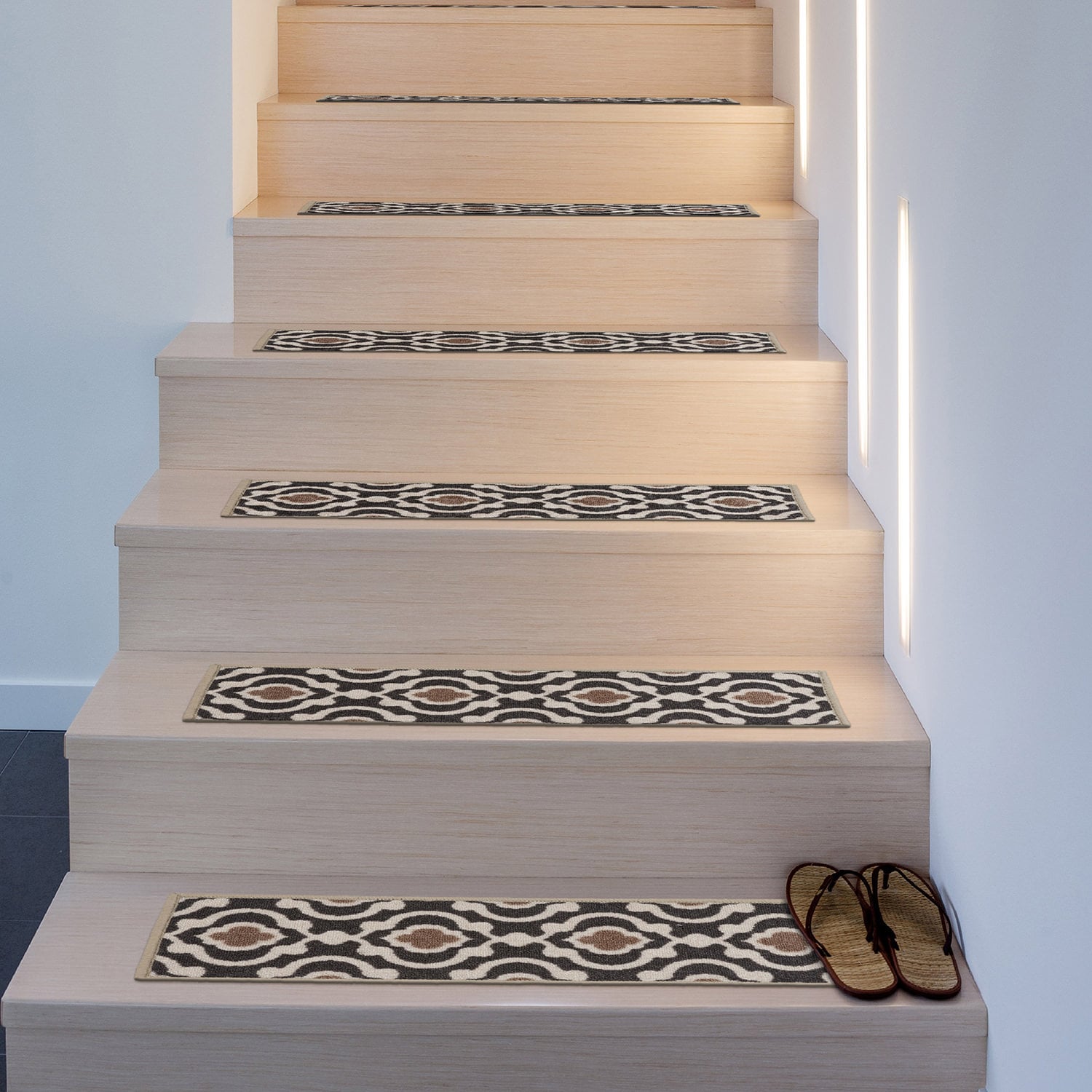 Gray and Beige Nylon Moroccan Trellis Non-Slip Stair Treads Set of 4