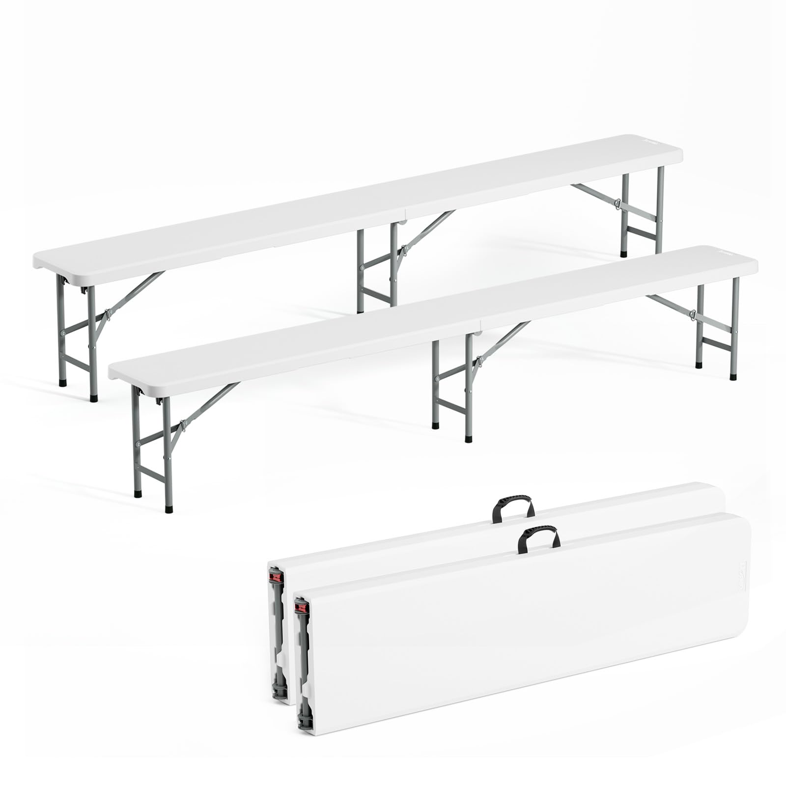 VINGLI 2-Pcs 8 feet Plastic Folding Bench/Portable in Outdoor Picnic Party Camping Dining Seat White