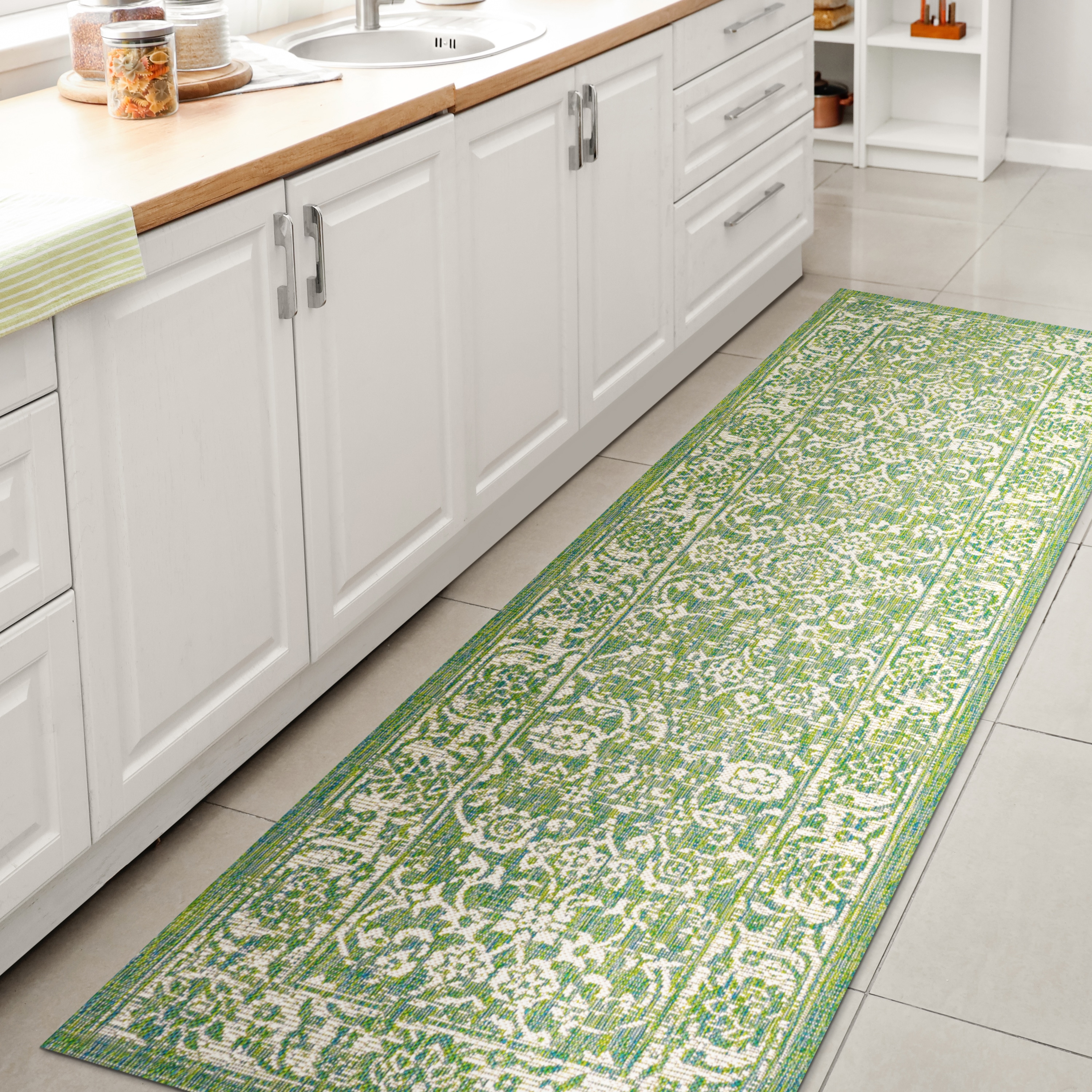 Tela Green and Cream Floral Flat Woven Runner Rug