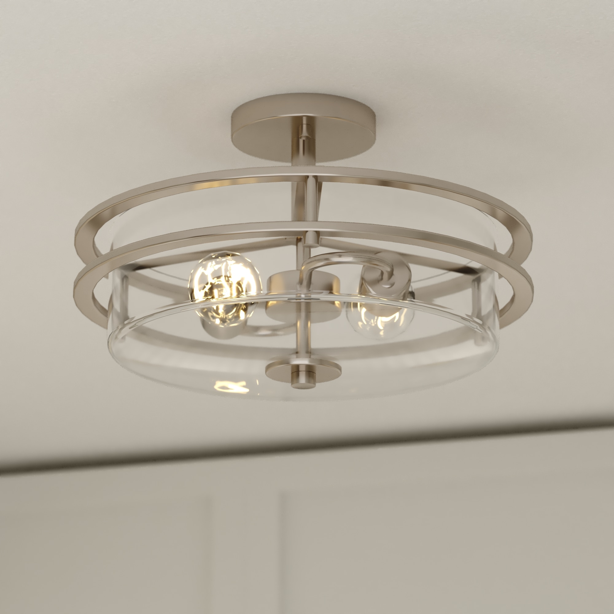 Cascadia Grace 2-Light Satin Nickel Contemporary Round Semi-Flush Mount Ceiling Light with Clear Glass LED Compatible 14.75 in. Wide