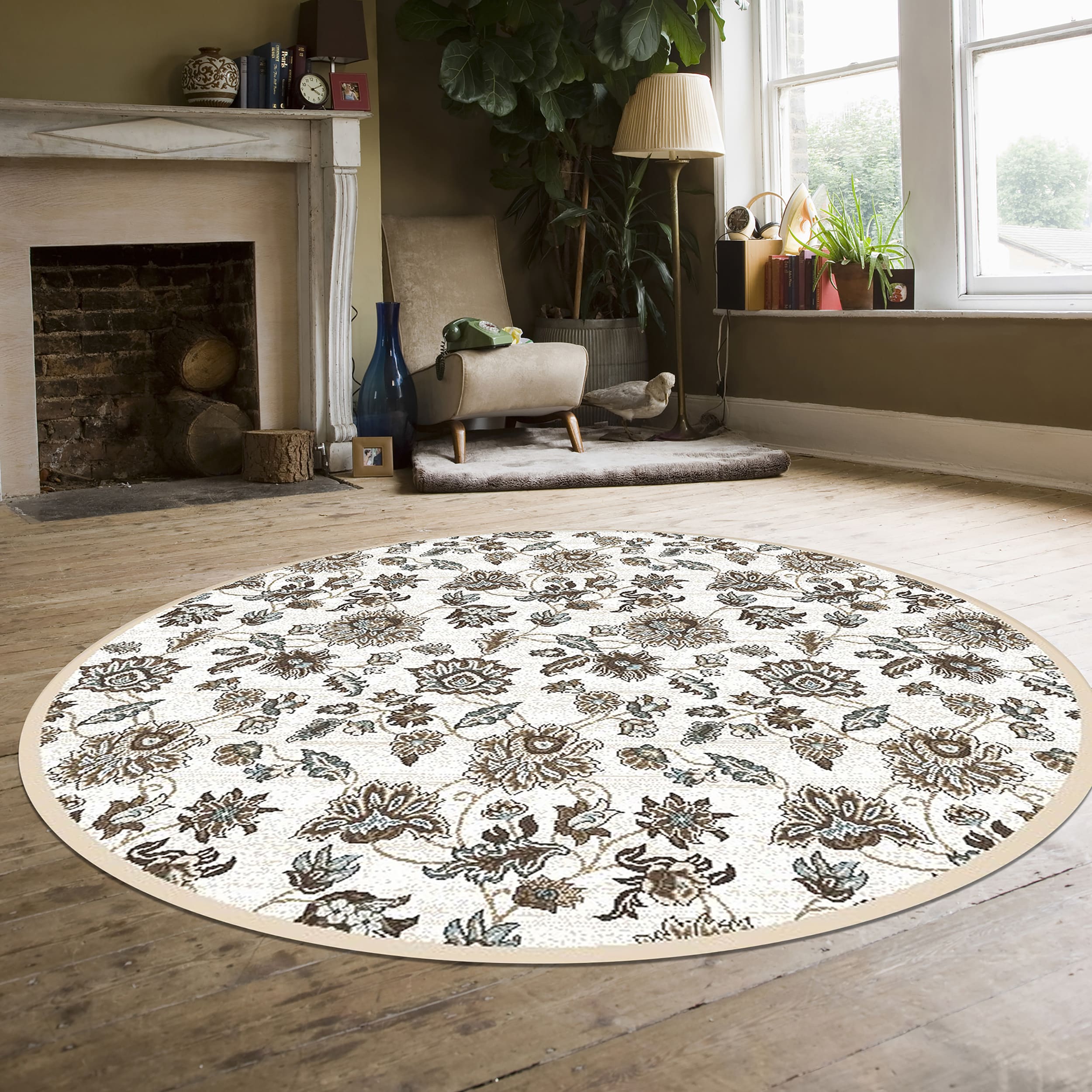 Radici USA 3475/0024/BONE Pisa 5 x 5 (ft) Polypropylene Bone Round Indoor Floral/Botanical Oriental Area rug