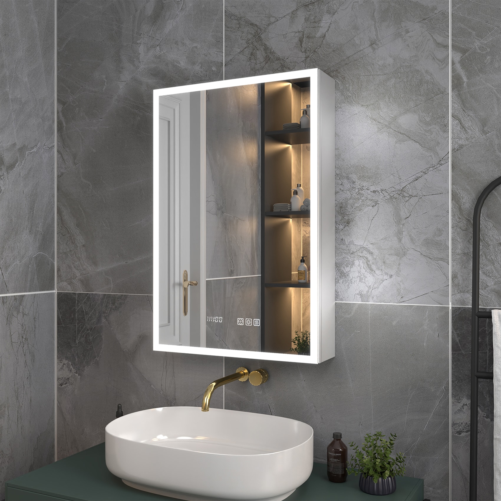 ExBrite EXMC2030V8LX Glare 20-in x 30-in Lighted LED Fog Free Surface/Recessed Mount Moonlit Silver Mirrored Rectangle Soft Close Medicine Cabinet with Outlet