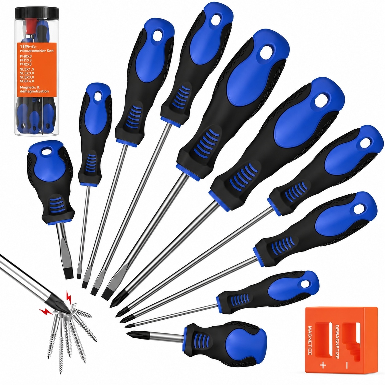 KHKFY  11 Piece Magnetic Screwdriver Set with Heat Treated Steel Blades Non Slip Grip and Storage Case for Home Repair and DIY Projects