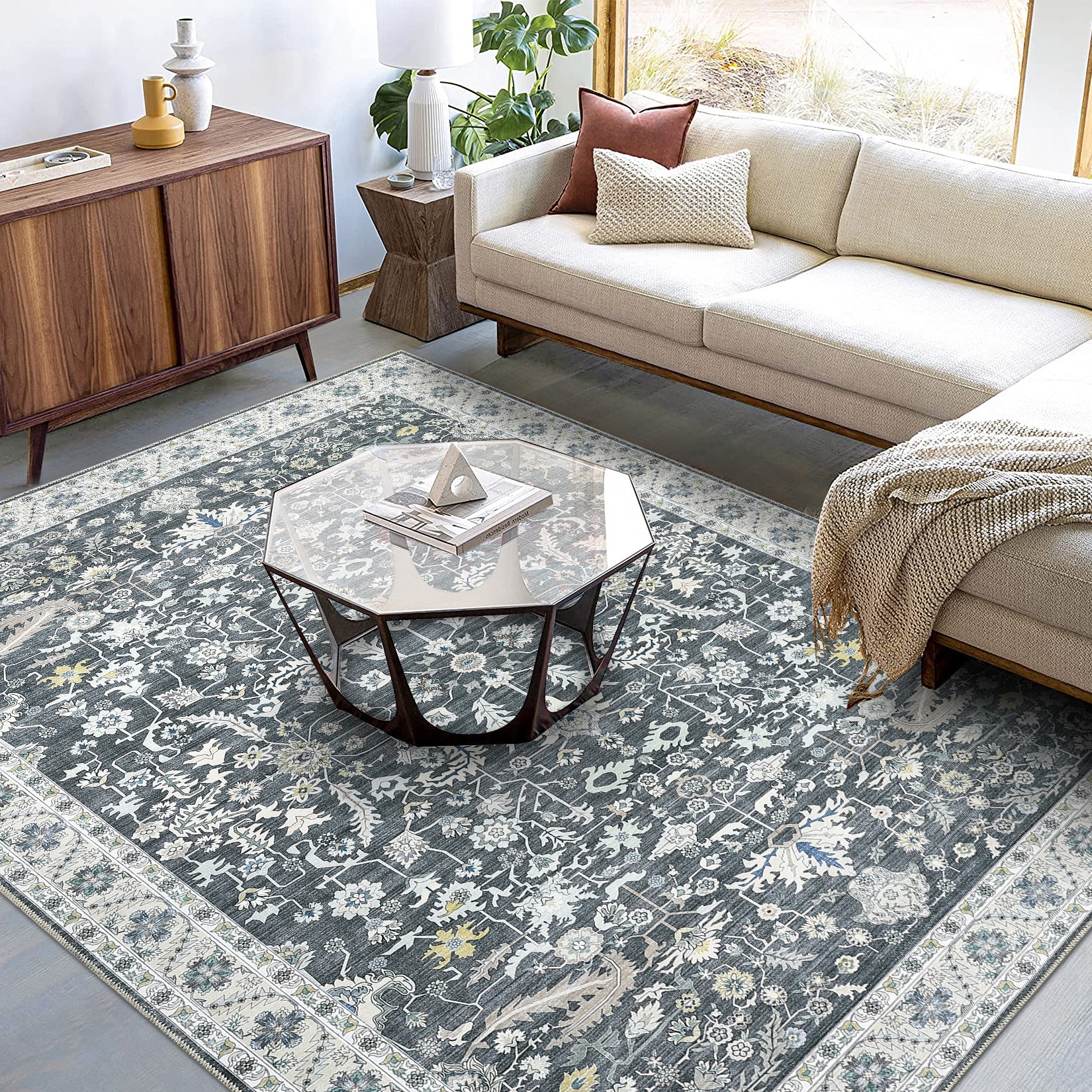 Garvee YXY-LO-PHO-0YG47H87 4 x 6 (ft) Loomed Polyester Gray Rectangular Indoor Floral/Botanical Persian Machine washable Area rug