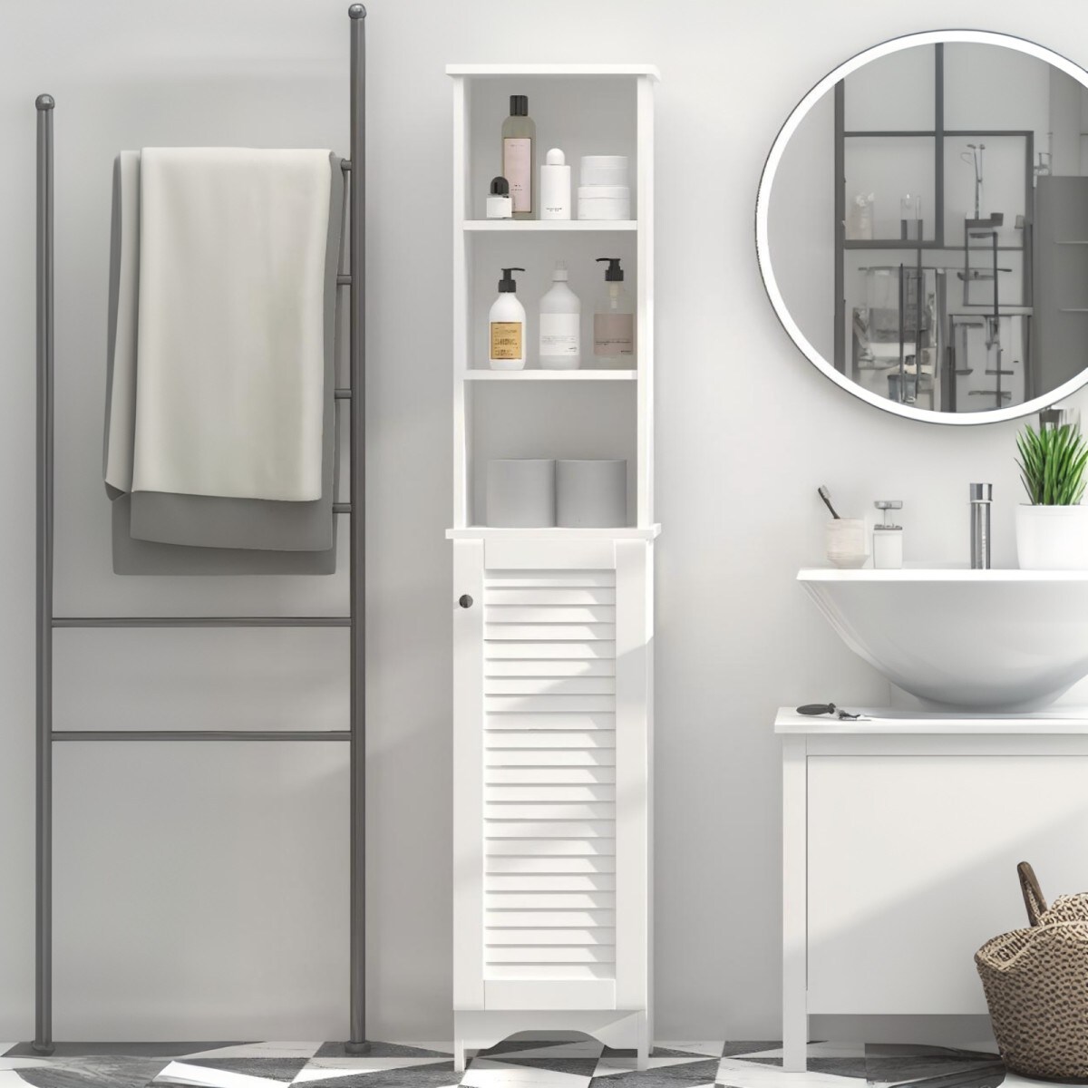 GlasFlength  65 Inch Tall Narrow Floor Storage Cabinet with 3 Open Shelves Slatted Door FreestandingUtility Storage Cabinets for Bathroom Hallway Laundry Room White