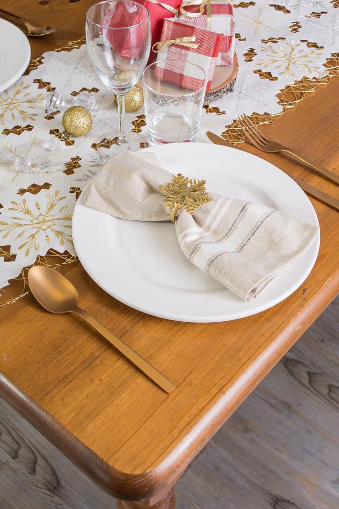 Silver and Gold Embroidered Snowflakes Polyester Table Runner
