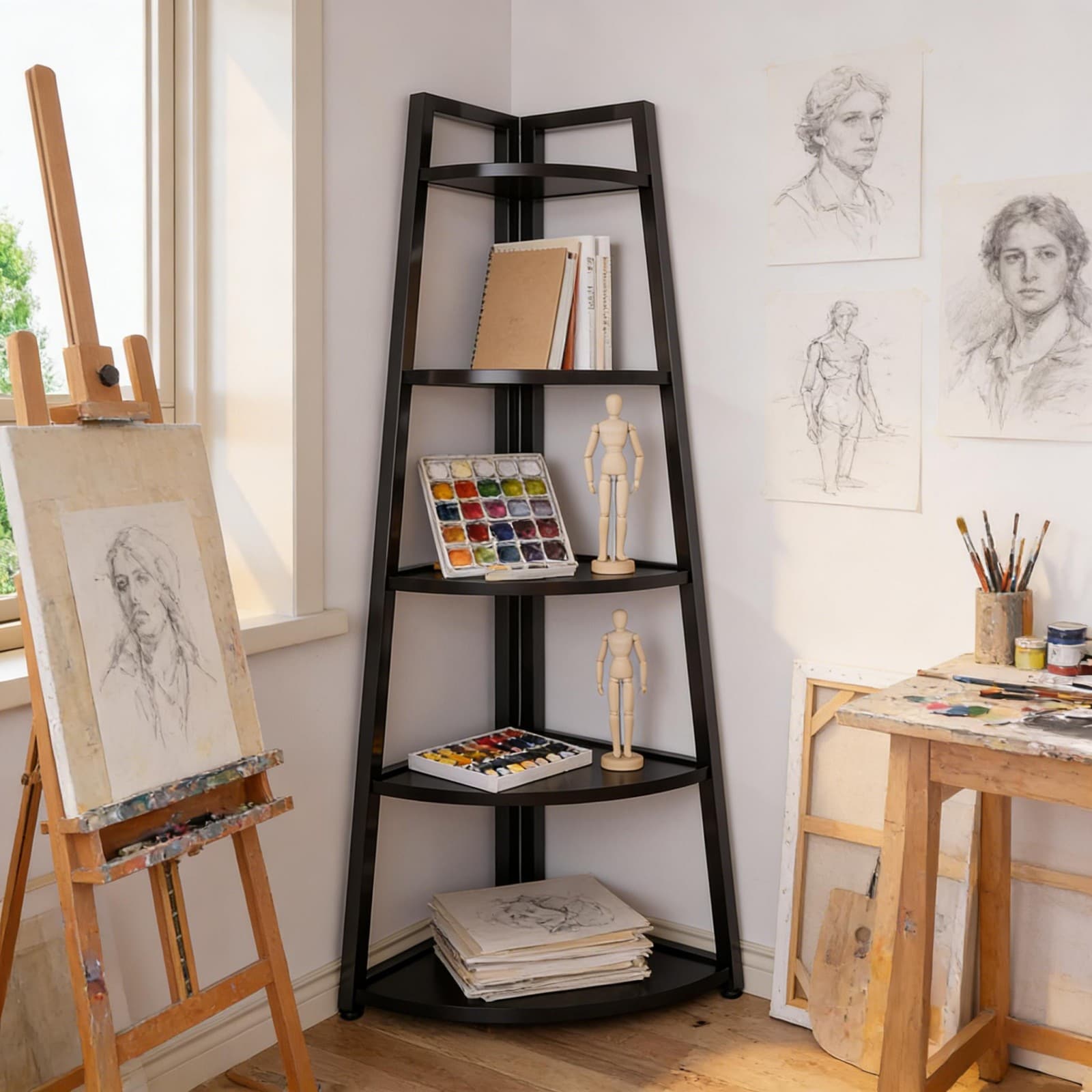 GlasFlength  5 Tier Tall Ladder Bookshelf Corner Display Shelf Metal and Wood Storage Rack for Living Room Bedroom Office Black and Brown