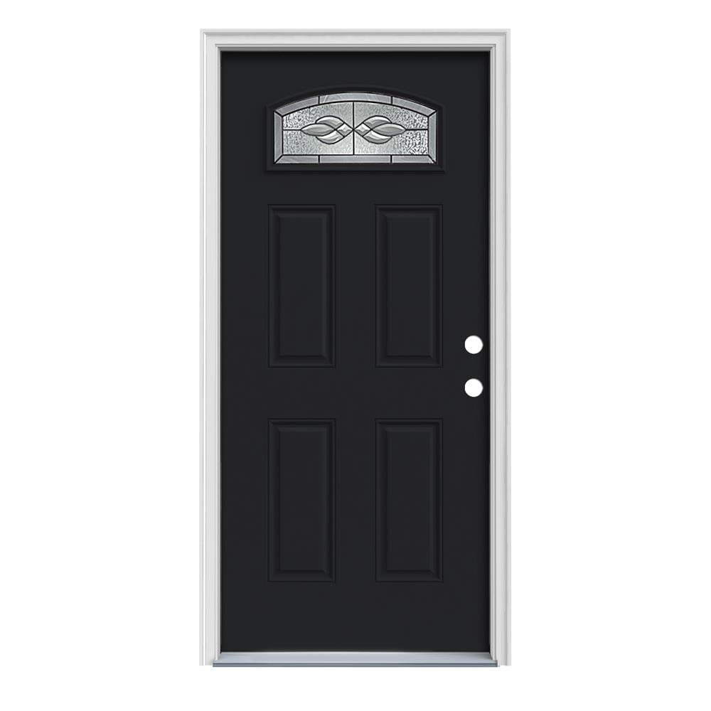 JELD-WEN LOWOLJW239100089 Hampton 32-in x 80-in x 4-9/16-in Steel 1/4 lite Left-hand inswing Black Painted Prehung Front Door with Brickmould Insulating core