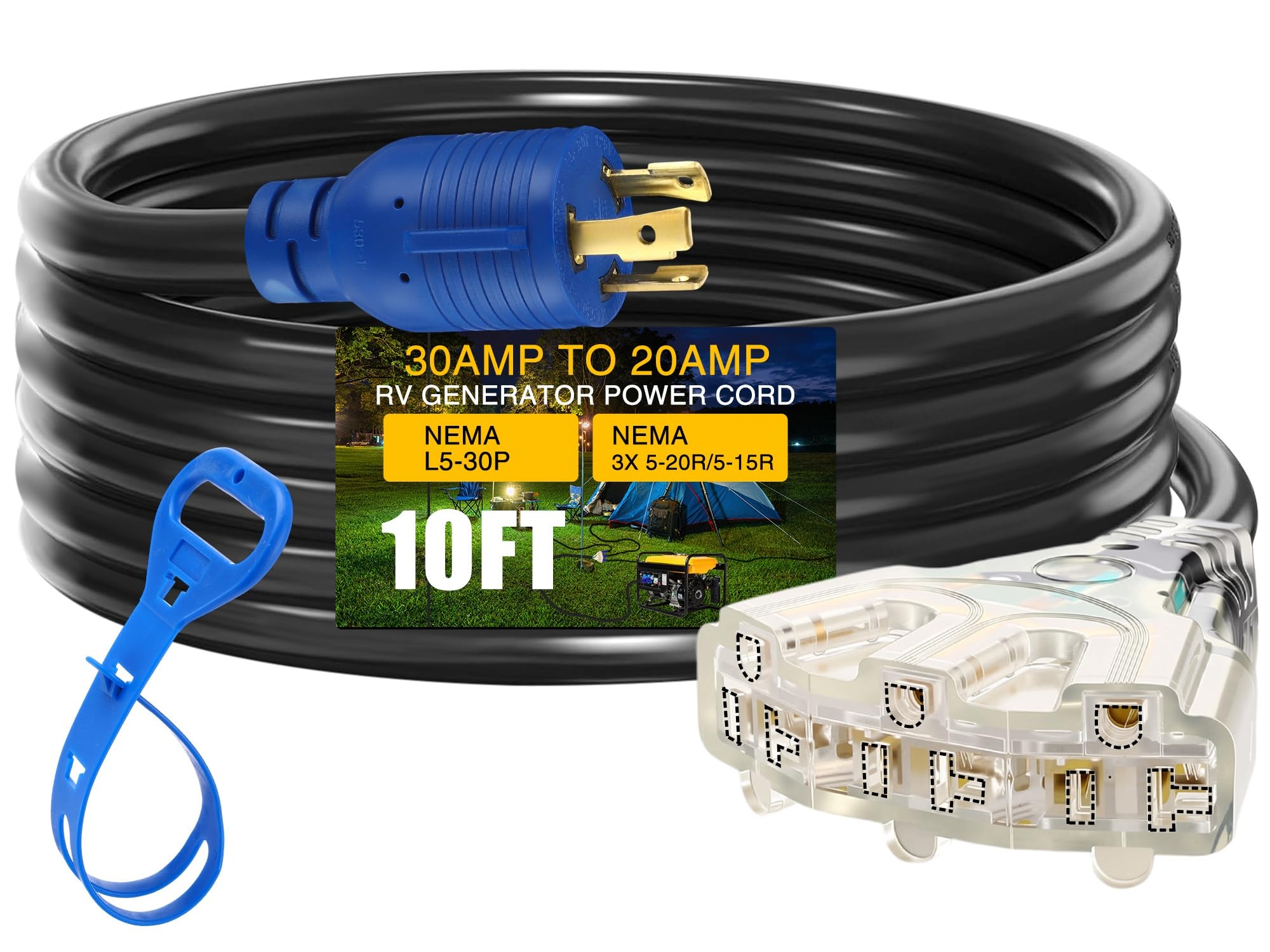 Oyezvary  10FT RV Generator Adapter Extension Cord 30A L14 30P to Four 15A or 20A 110V Household Outlets ETL Listed 10 Gauge with Cord Organizer