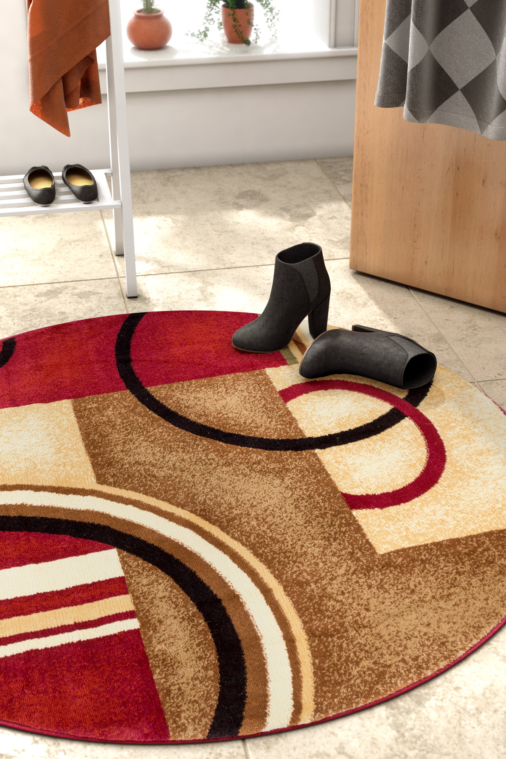 Well Woven 547809 8 x 8 (ft) Loomed Polypropylene Red Round Indoor Abstract Mid-Century Modern Area rug