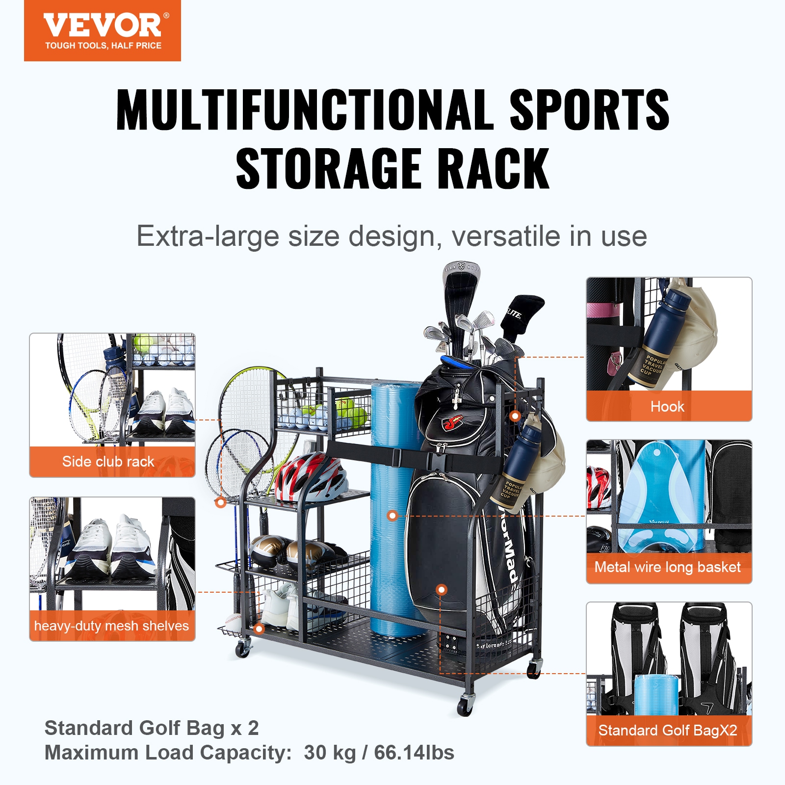 Black Steel Multi-Use Sports Equipment Organizer with Wheels