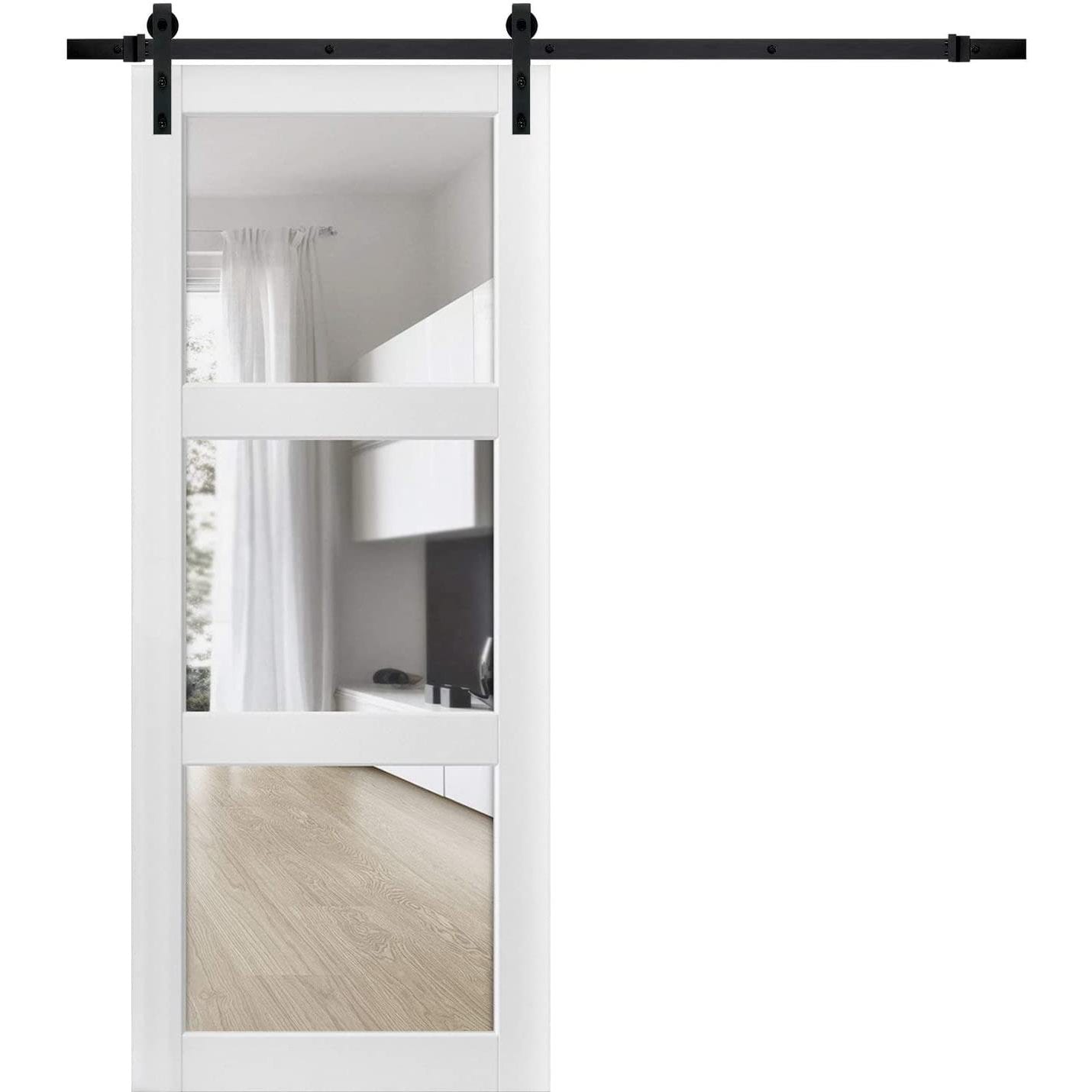 SARTODOORS LUC2555BD-B-WS-4296 42-in x 96-in White Silk Clear Glass MDF Single Barn Door (Hardware Included)