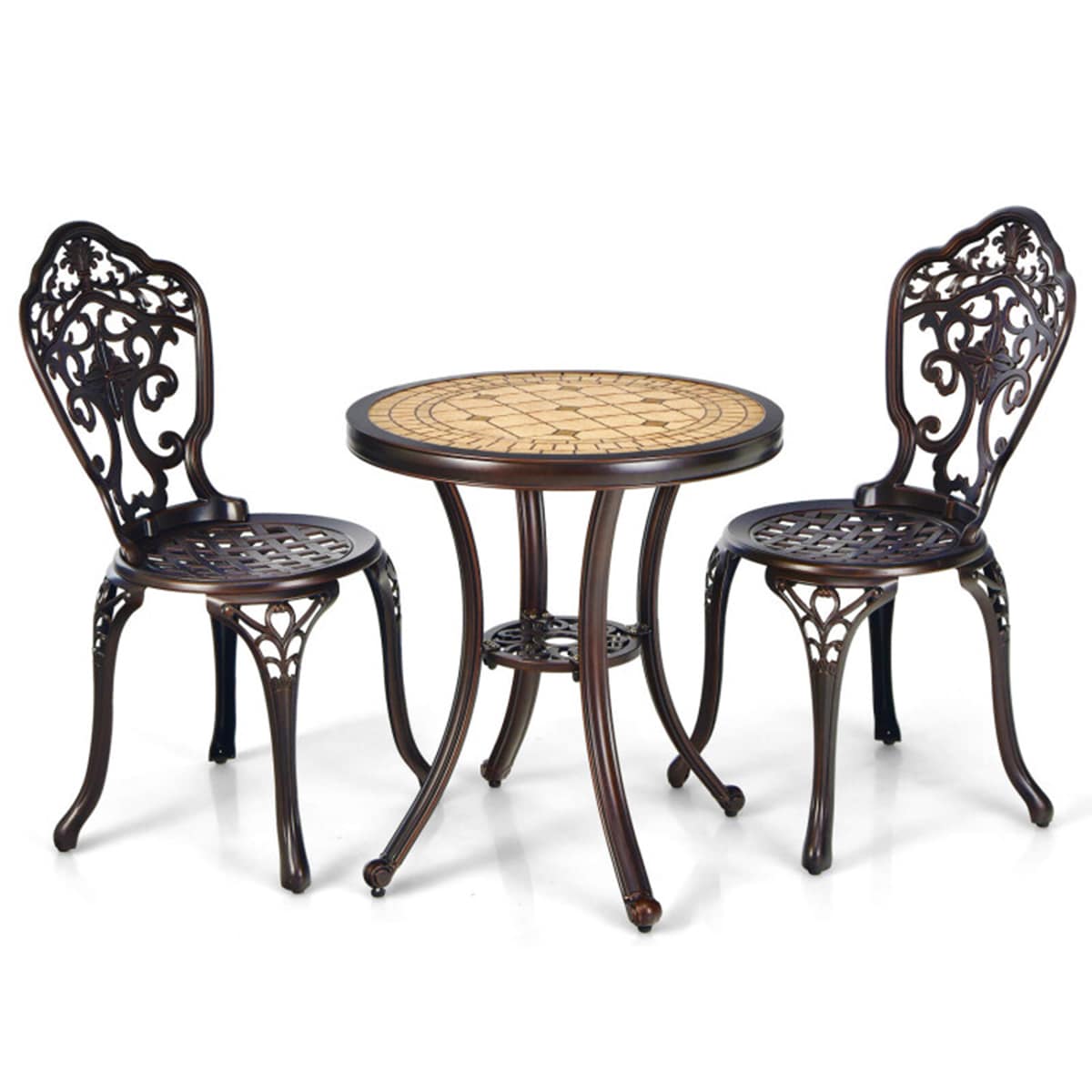 Mondawe MO6026CT-BR 3 -Piece Bronze Bistro Patio Dining Set Aluminum Round Table with 2 Stackable Stationary Chairs