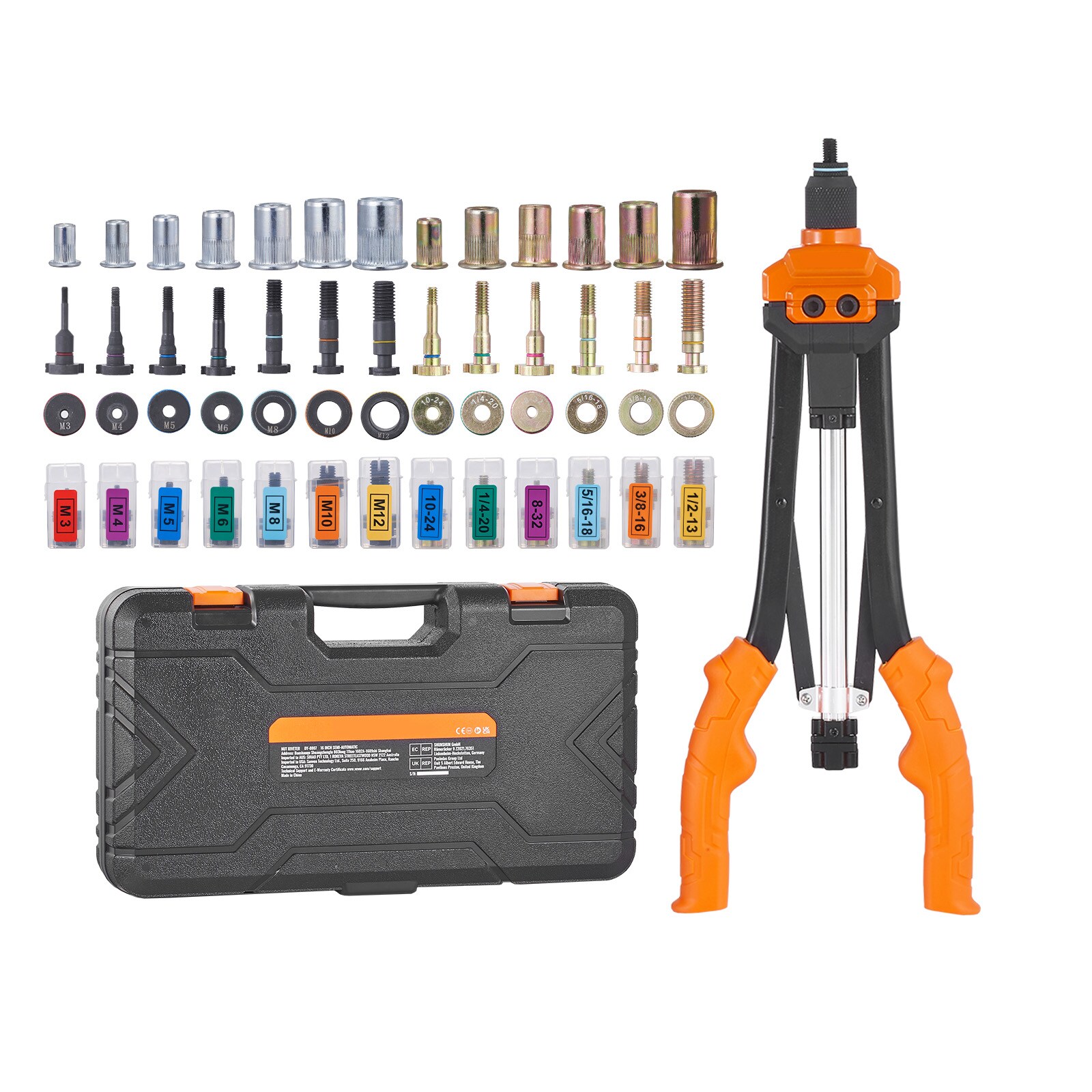 Tinyhomie Rivet Nut Tool 16 inch Rivnut Tool Kit with 13PCS Metric and SAE Mandrels 186PCS Rivet Nuts Semi-auto Retraction M3 M4 M5 M6 M8 M10 M12 1/4-20 5/16-18 3/8-16 1/2-13 8-32 10-24 #LW-JA-P445580T3342