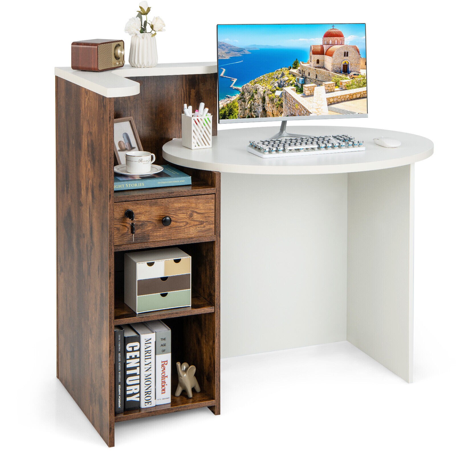 SUGIFT Reception Desk With Lockable Drawer 2-Key Storage 2-Tier Open ...