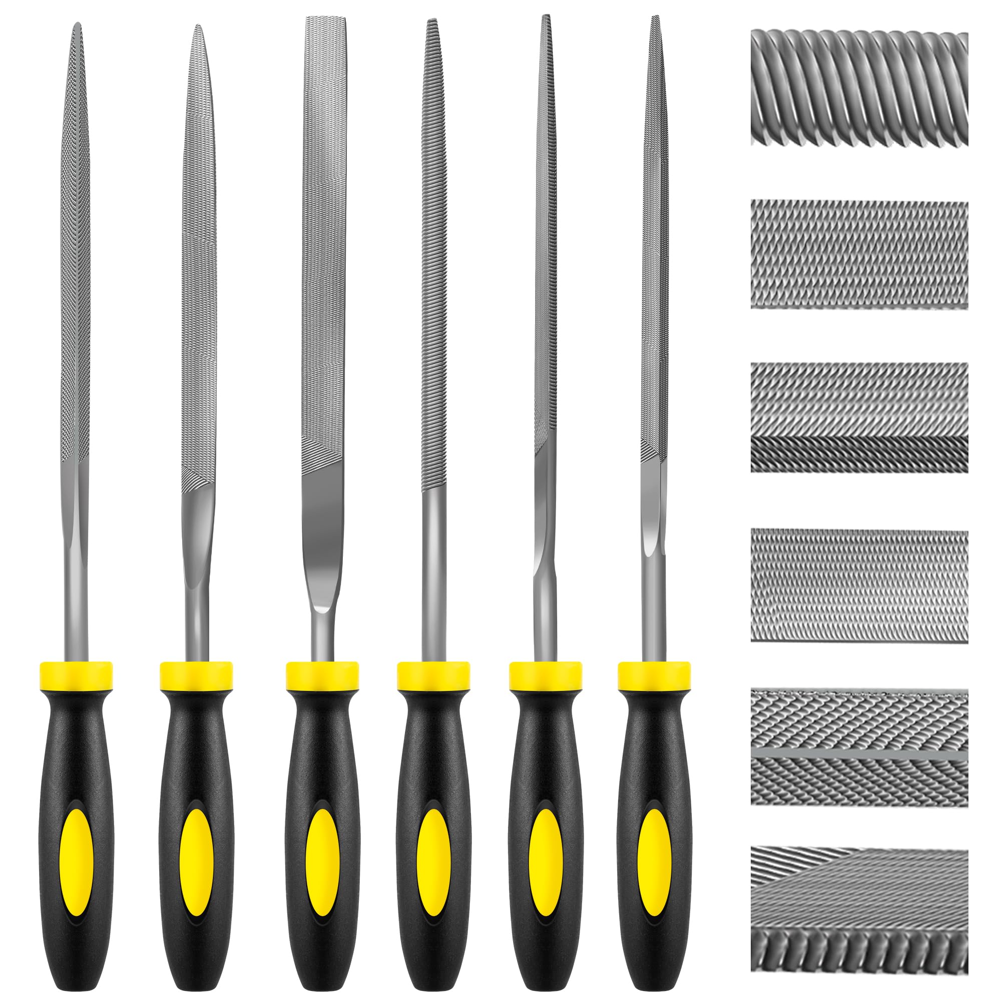 Linder Group Inc 6 Piece Metal Needle File Set Carbon Steel Flat Warding Square Triangular Round Half Round Files Ergonomic Rubber Grip Durable Precision Hand #L3RO3YUC