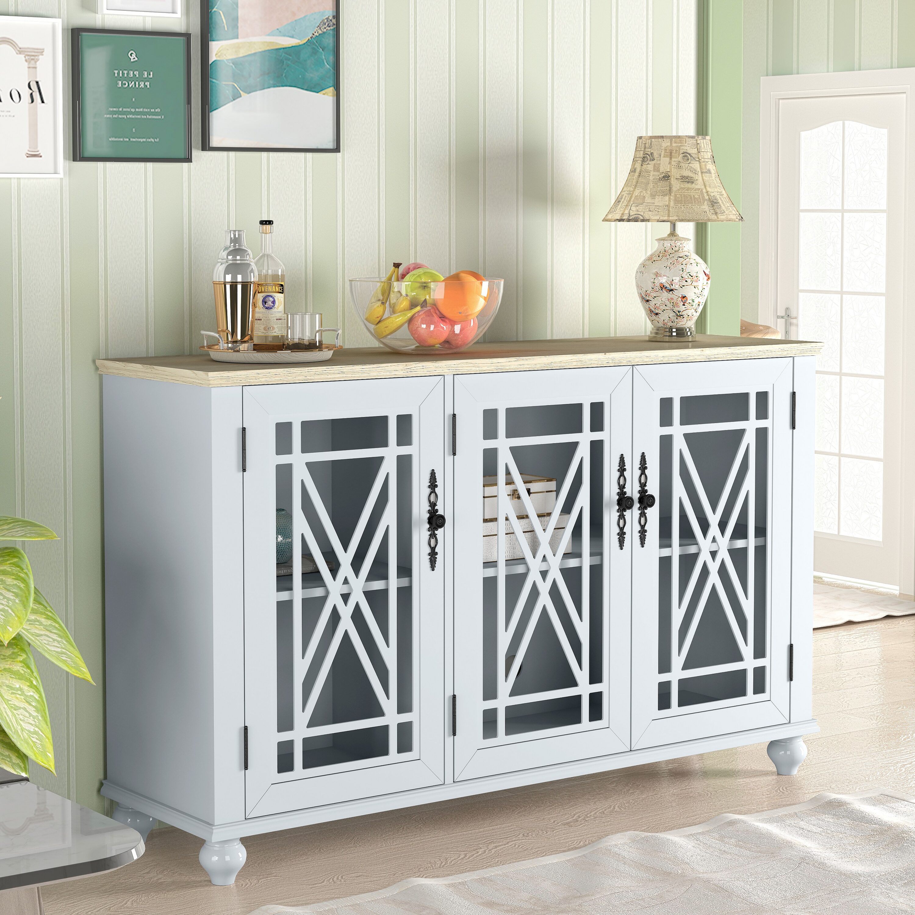 White and wood sideboard with glass-pane doors and decorative X-grille panels