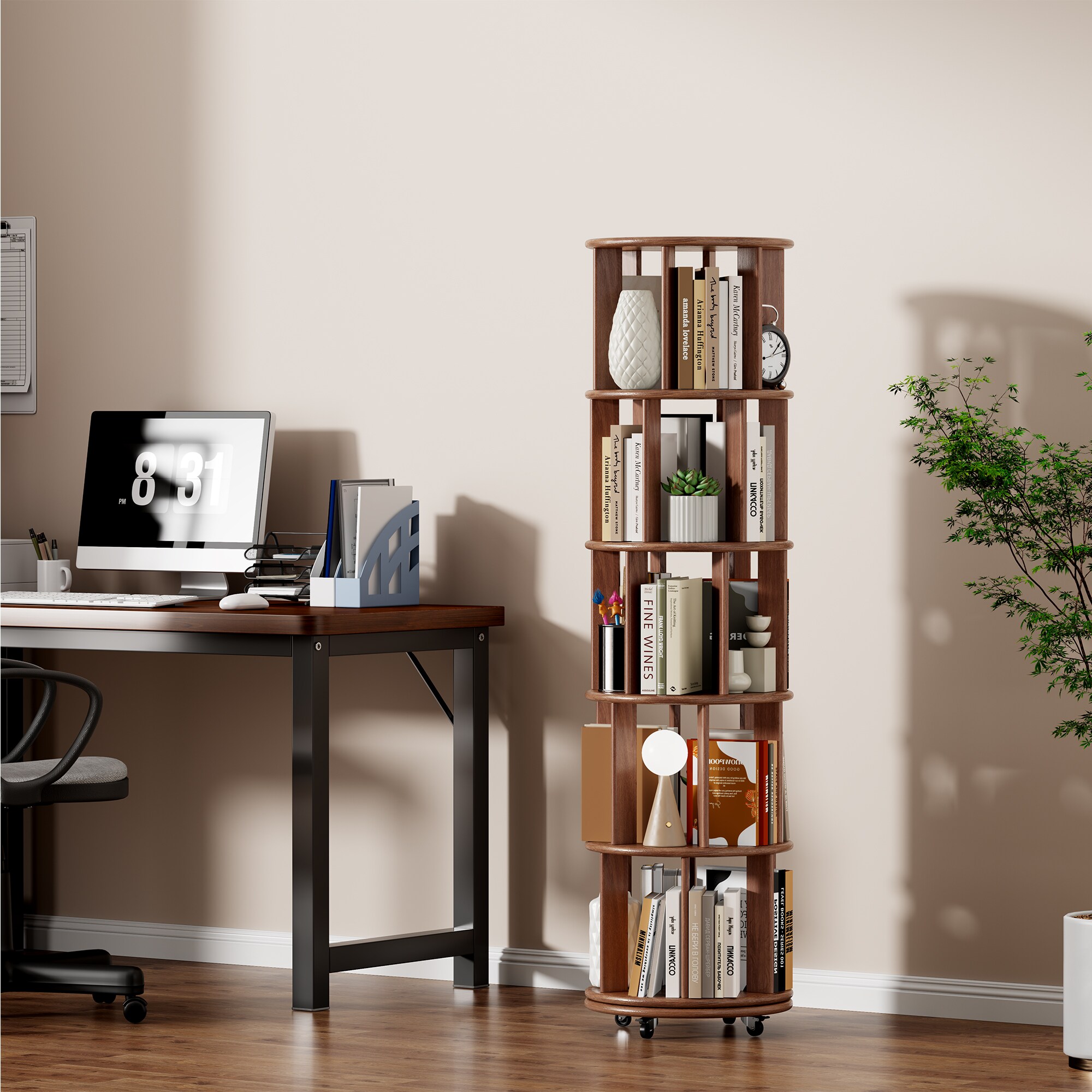 LUXEYARD 100percent Solid Wood Rotating Bookshelf on Wheels 5 Tier ...