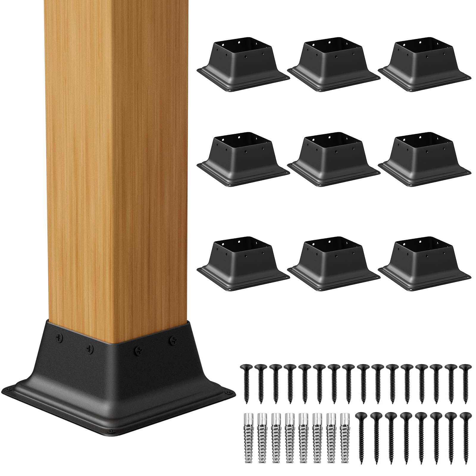Oyezvary  4x4 Post Base Cover Black Square Bracket Heavy Duty Steel Deck Post Cap for Wood Fence Porch Railing Hand Rail Support 10 pcs