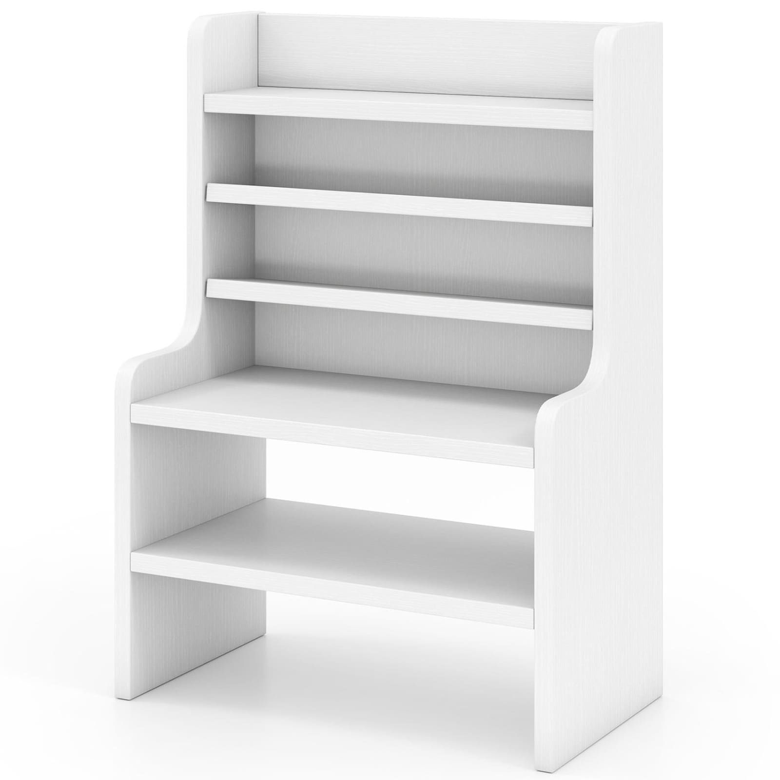 SUGIFT 6-Tier Mini Desktop Storage Organizer Rack in White with 2 Removable Shelves Compact Engineered Wood Desk Caddy for Stationery Books Cosmetics and Small Electronics 55-lb Total Capacity with Anti-Fall Baffles and Non-Slip Foot Pads and Curved Edges