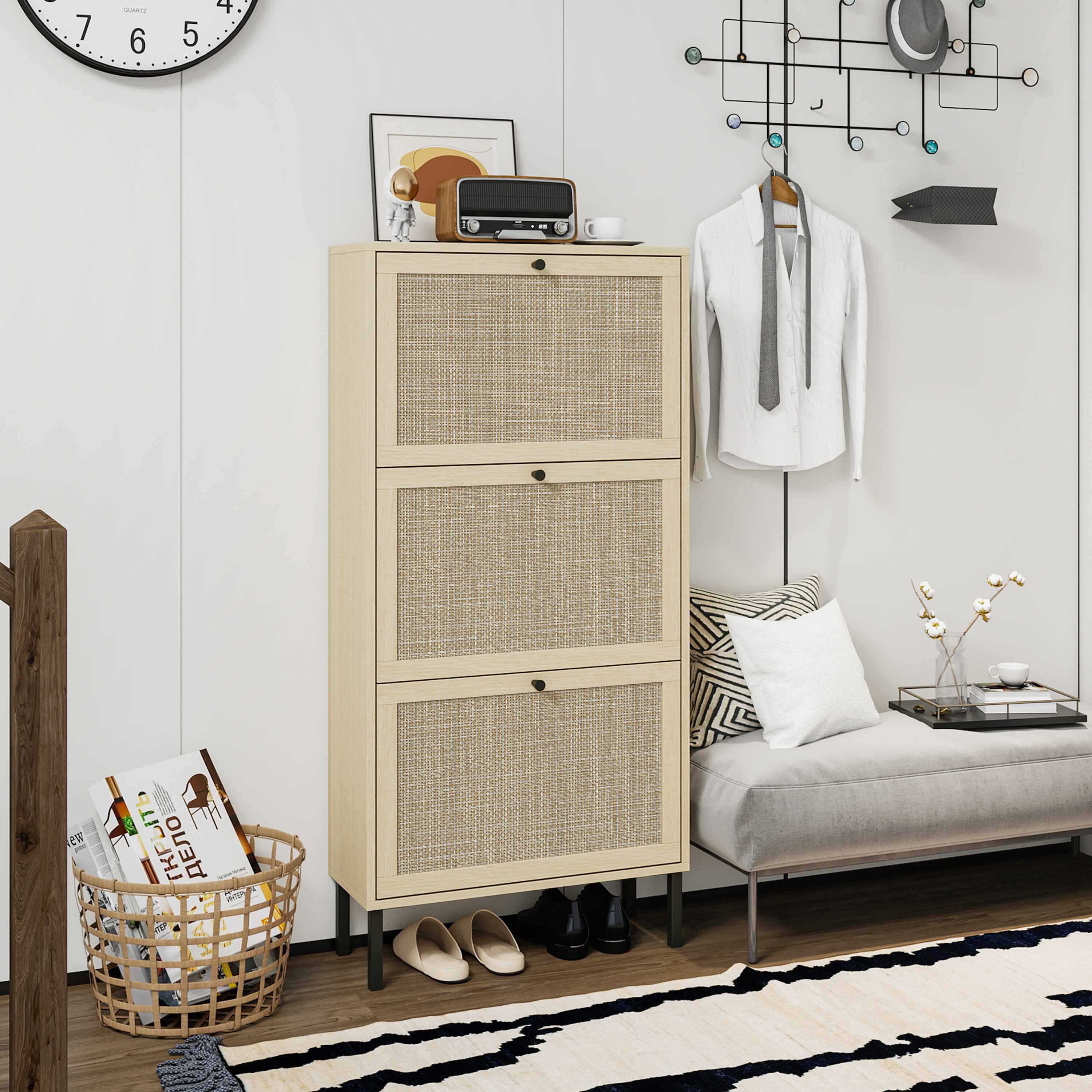 Cenadinz Rattan 3 Door Shoe Rack Freestanding Modern Shoe Storage Cabinet for Entryway