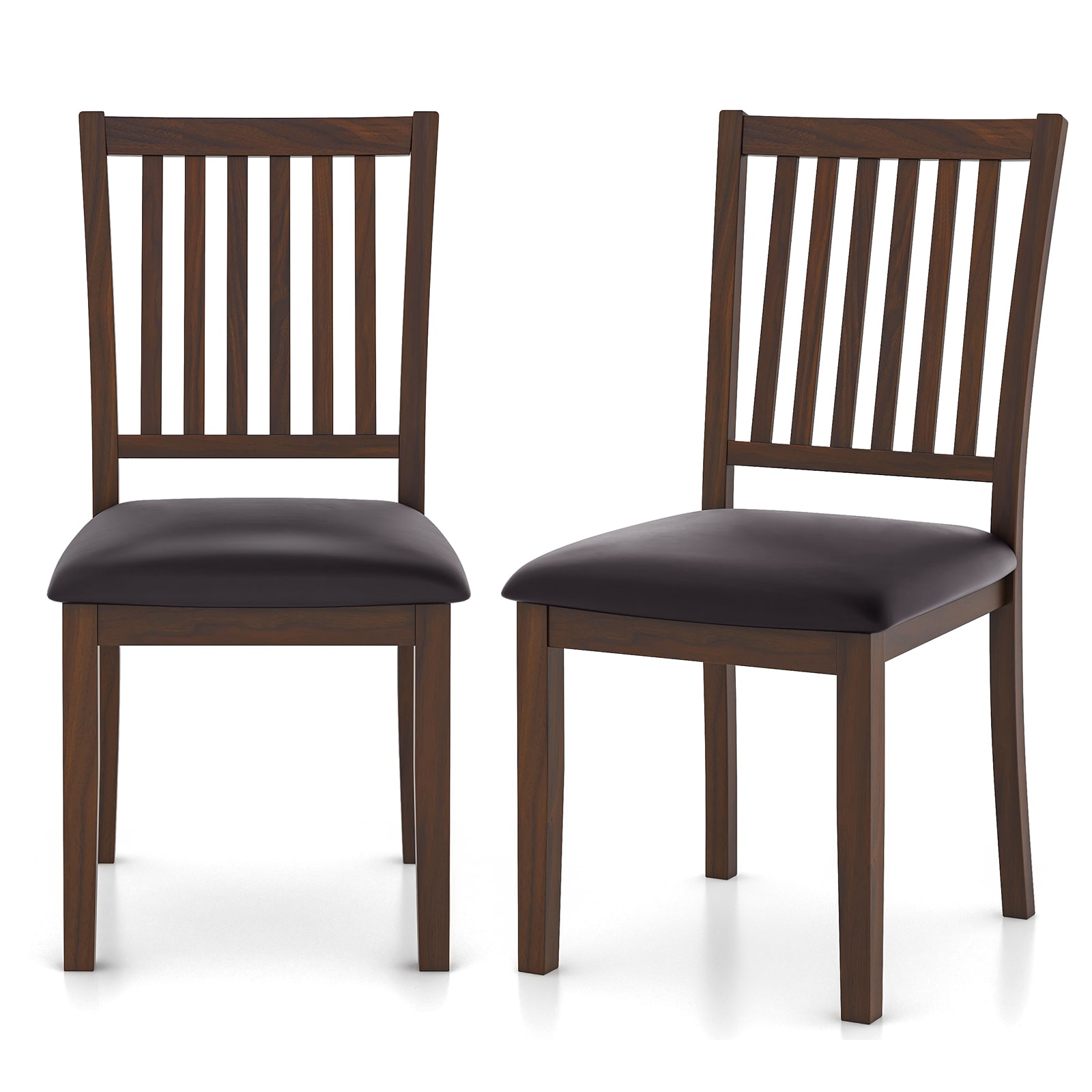 Slickblue D-CO-AC89775CK Set of 2 Brown and Black Upholstered Dining Chairs Slatted Back PVC Seat for Kitchen or Dining Room Seating (Rubber Wood Frame)