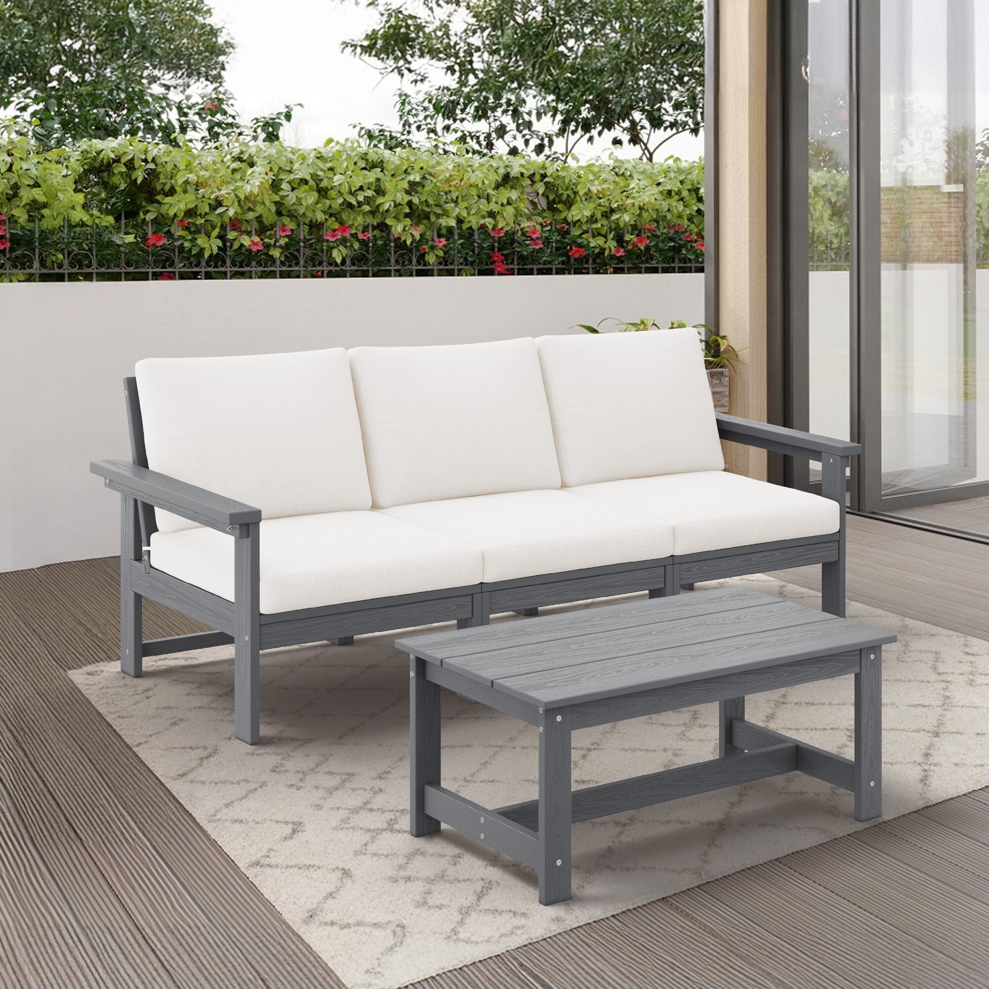 JEAREY PEZHSF04-GK Outdoor 3-Seater Sofa with Coffee Table 2-Piece Patio Sofa Conversation Set with Beige Cushions