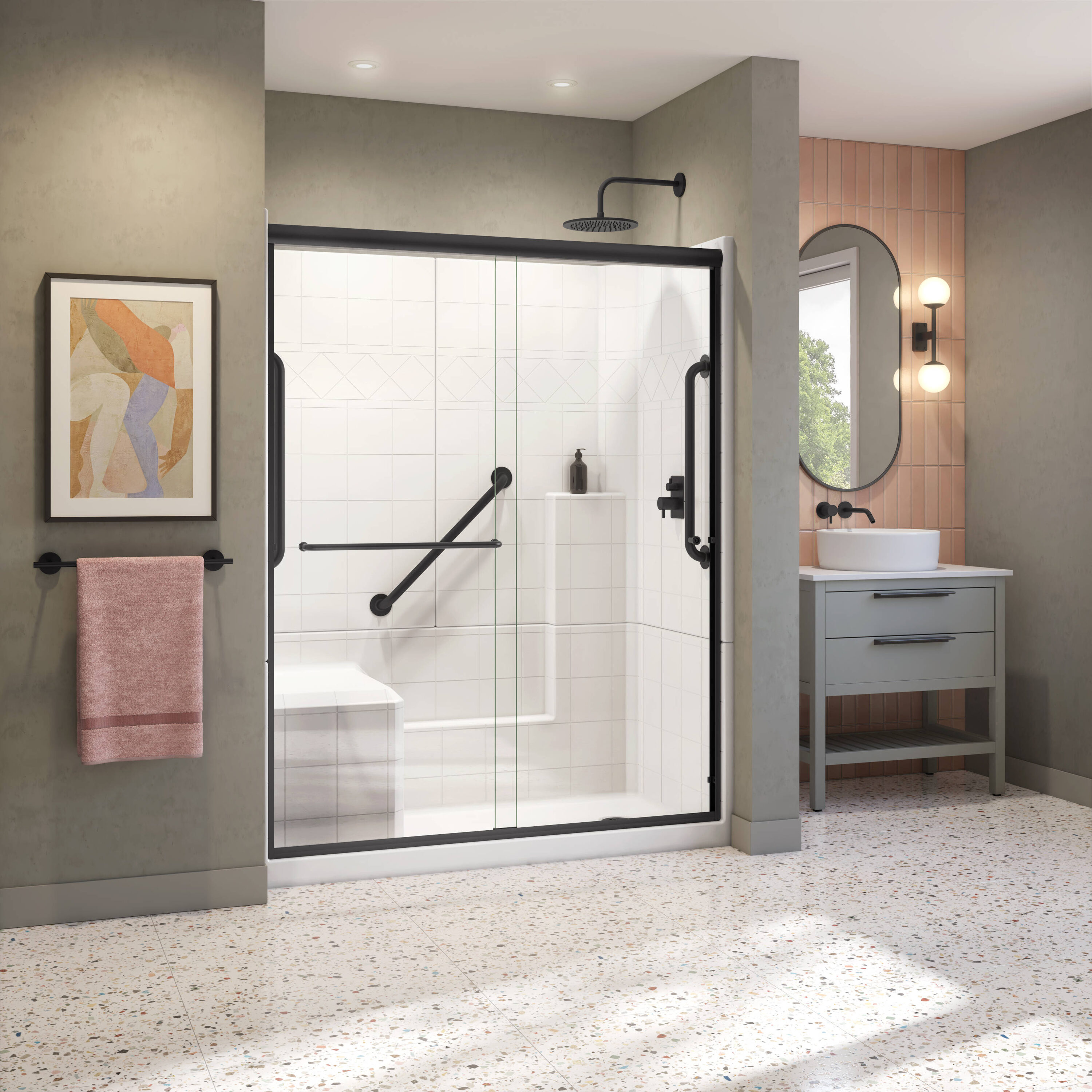 Laurel Mountain LM6032SH1S3PLWM3 Loudon 3 -Piece 33-in W x 60-in L x 77-in H Rectangular Alcove shower kit ( Right Drain) with Integrated Seat Base, Wall, Door Drain and Black Hardware Included