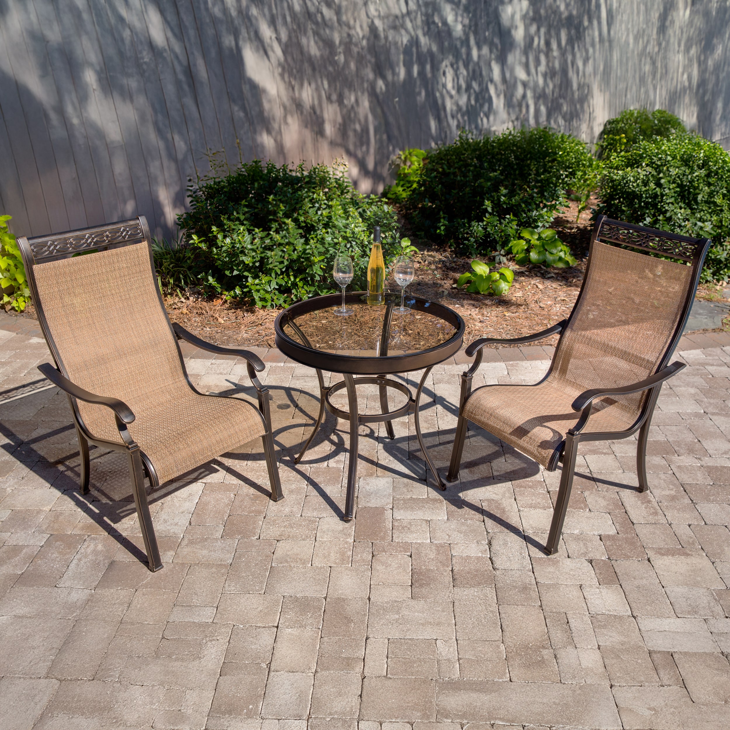 Hanover MONDN3PCG Monaco 3 -Piece Bronze Bistro Patio Dining Set Aluminum Round Table with 2 Tan Stationary Chairs