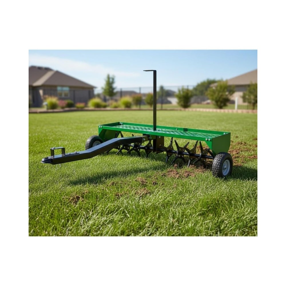GAOMON Spike Lawn Aerator 48in Tow-Behind Plug Aerator with 32 Steel Tines Heavy-Duty Weight Tray and Pneumatic Tires for Lawn Farm and Garden Green