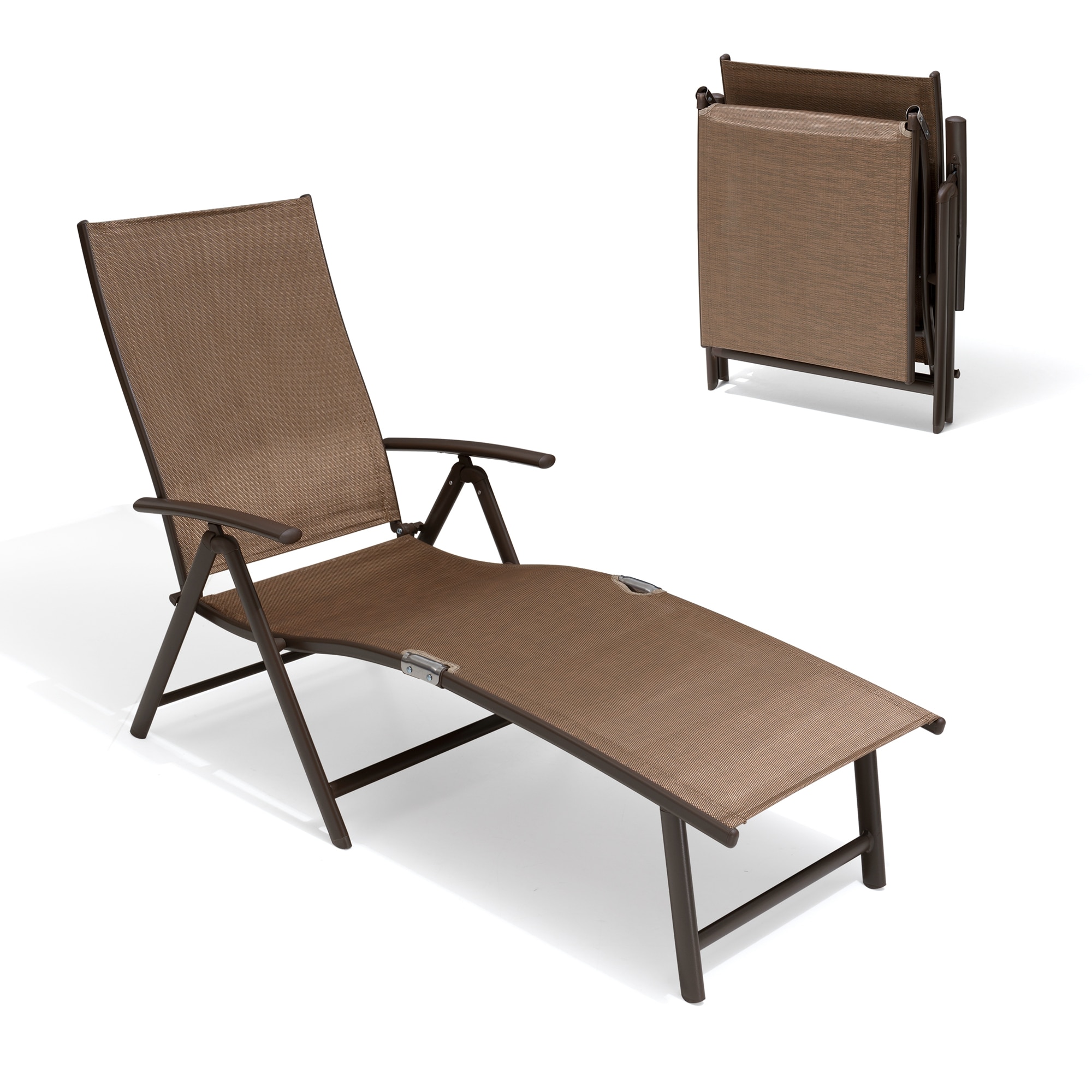 Crestlive Products CL-LG001BRN-1 Folding Patio Chaise Lounge Chair for Outside (1PC Brown) Brown Aluminum Frame Stationary Chaise Lounge Chair with Brown Textilene Mesh Seat