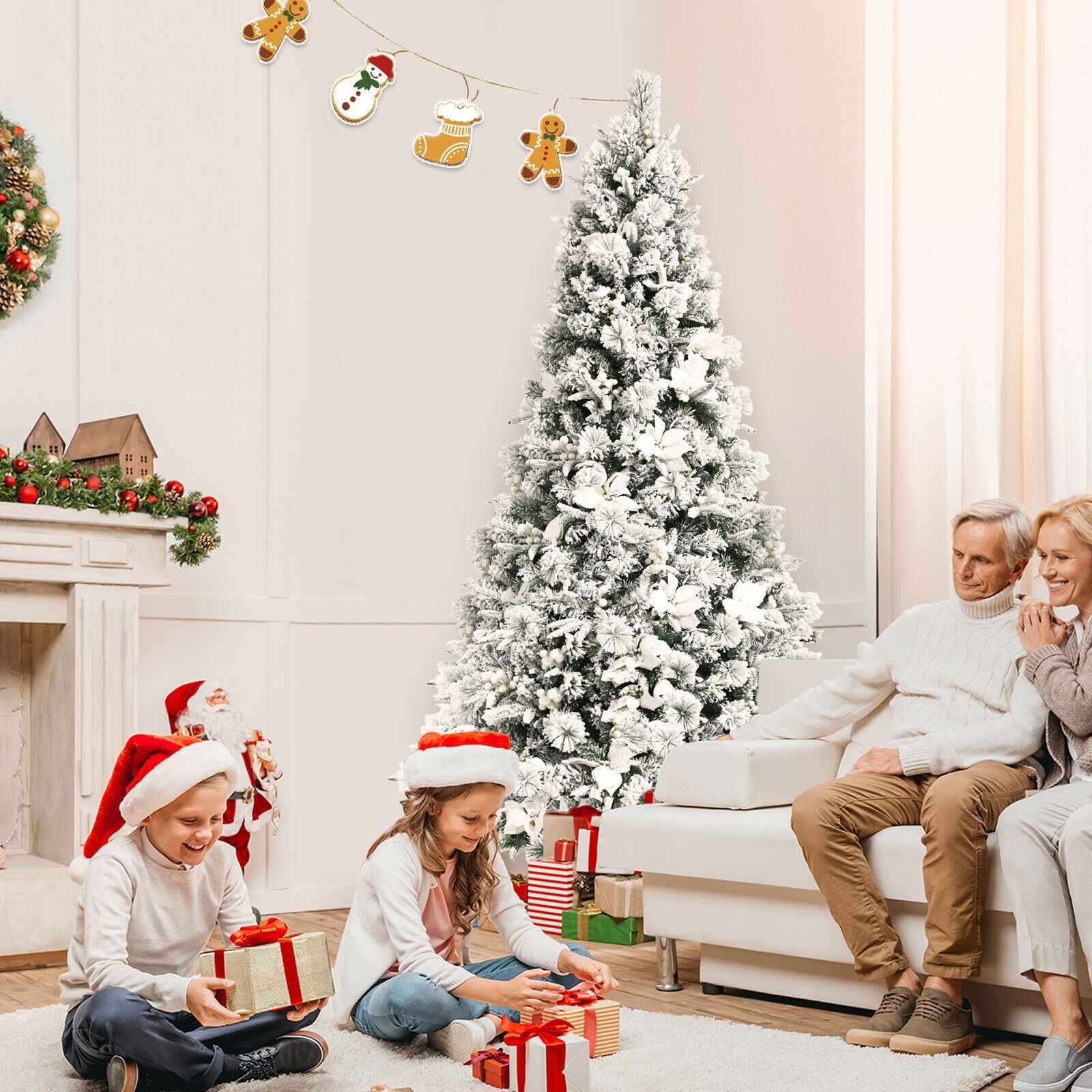 7-Foot Snow Flocked White Artificial Christmas Tree with Berries and Poinsettia Flowers