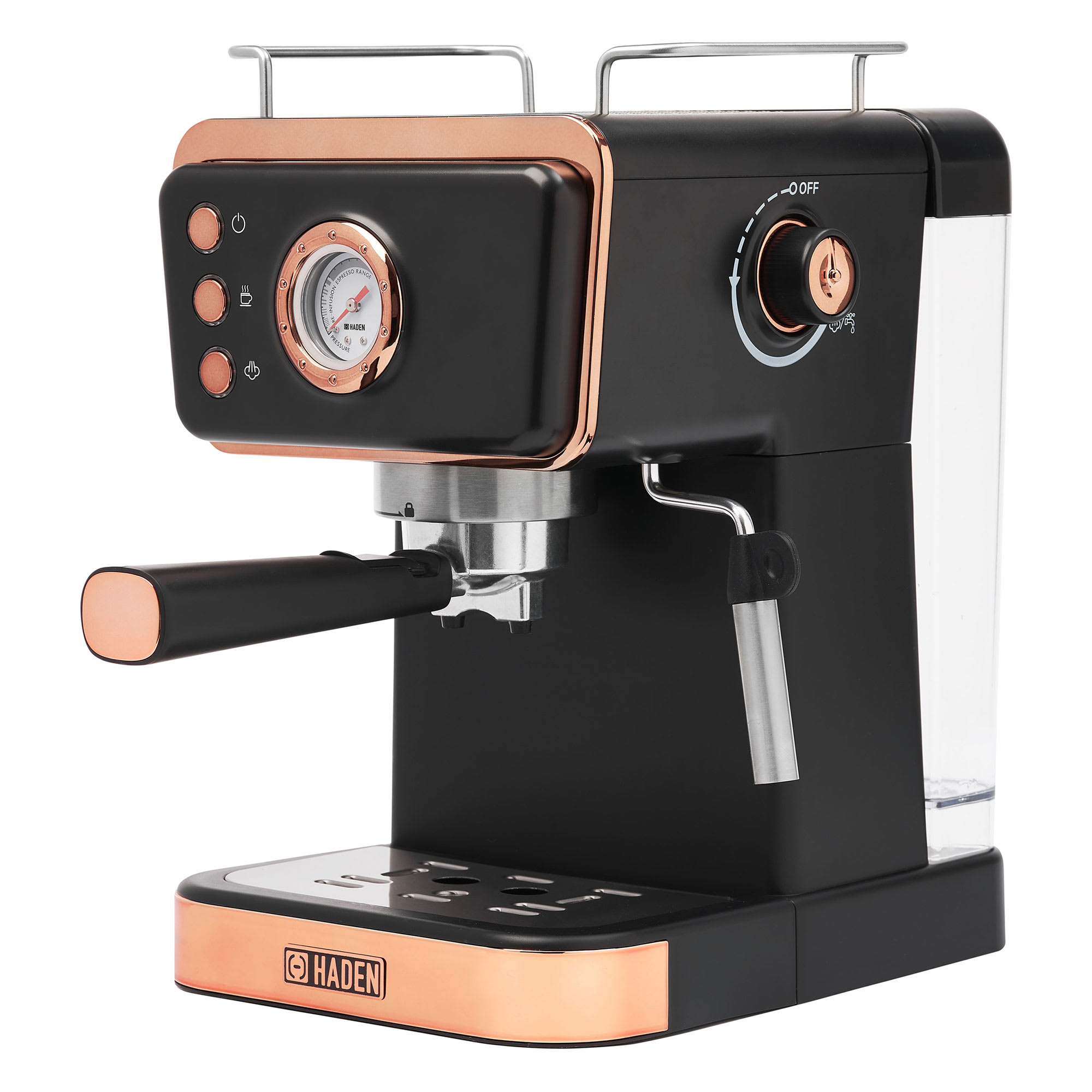 Haden 410310 Barista Brew Espresso Coffee Machine Stainless Steel Espresso Maker with Milk Frother and Steamer Function and 1.5L Water Tank Black and Copper