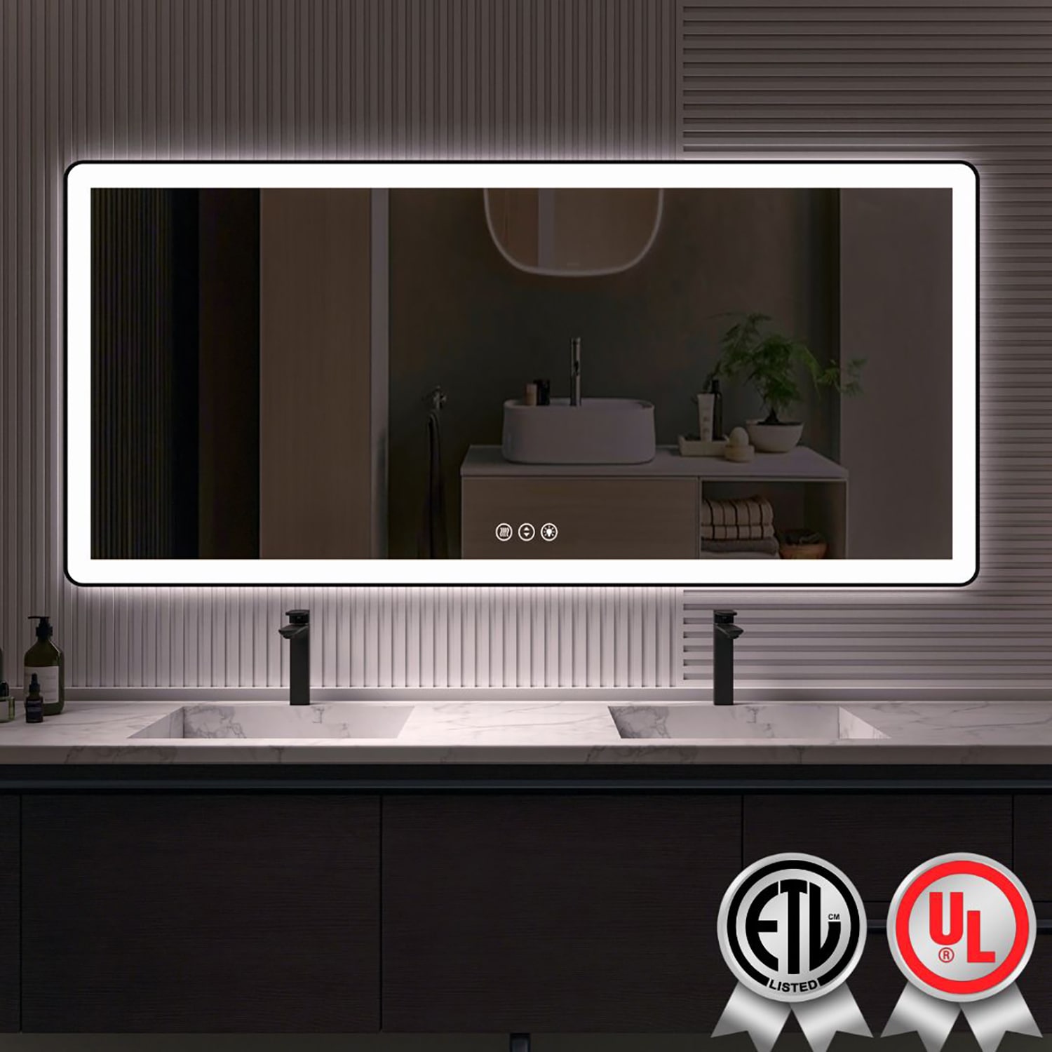 waterpar WPLO-2482 77-in x 36-in Polished Rectangle Dimmable Lighted Fog Free Bathroom Vanity Mirror ( Black )