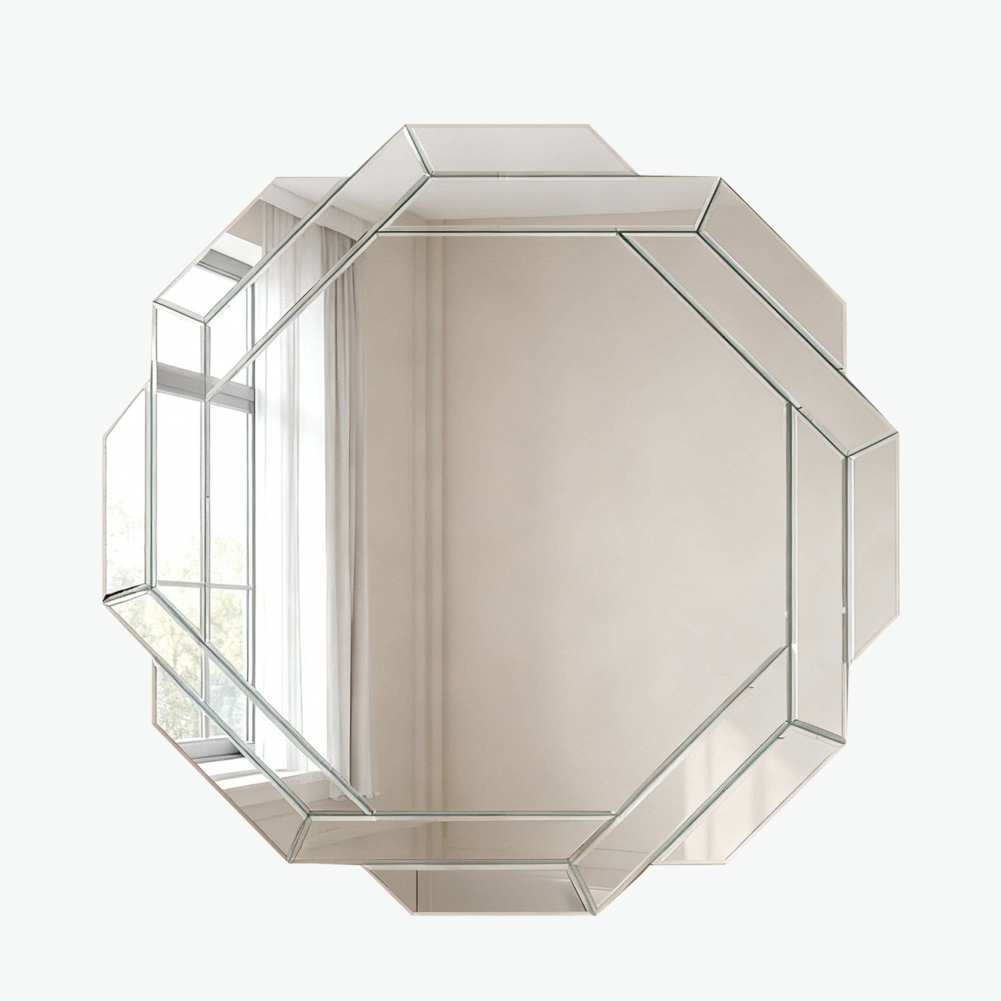 LIVACA 30 inch Silver MDF and Mirror Octagonal Wall Mirror with Beveled Edge Frameless Design