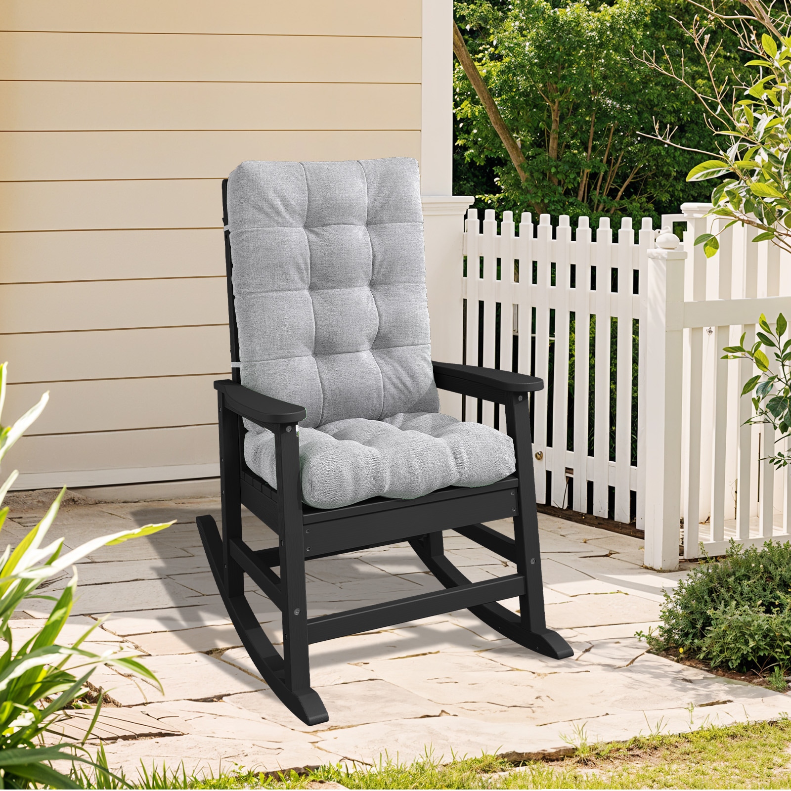 JEAREY 03YY-DZ-BG Patio Rocking Chair with Cushion Black HDPE Frame Rocking Chair with Gray Cushioned Seat