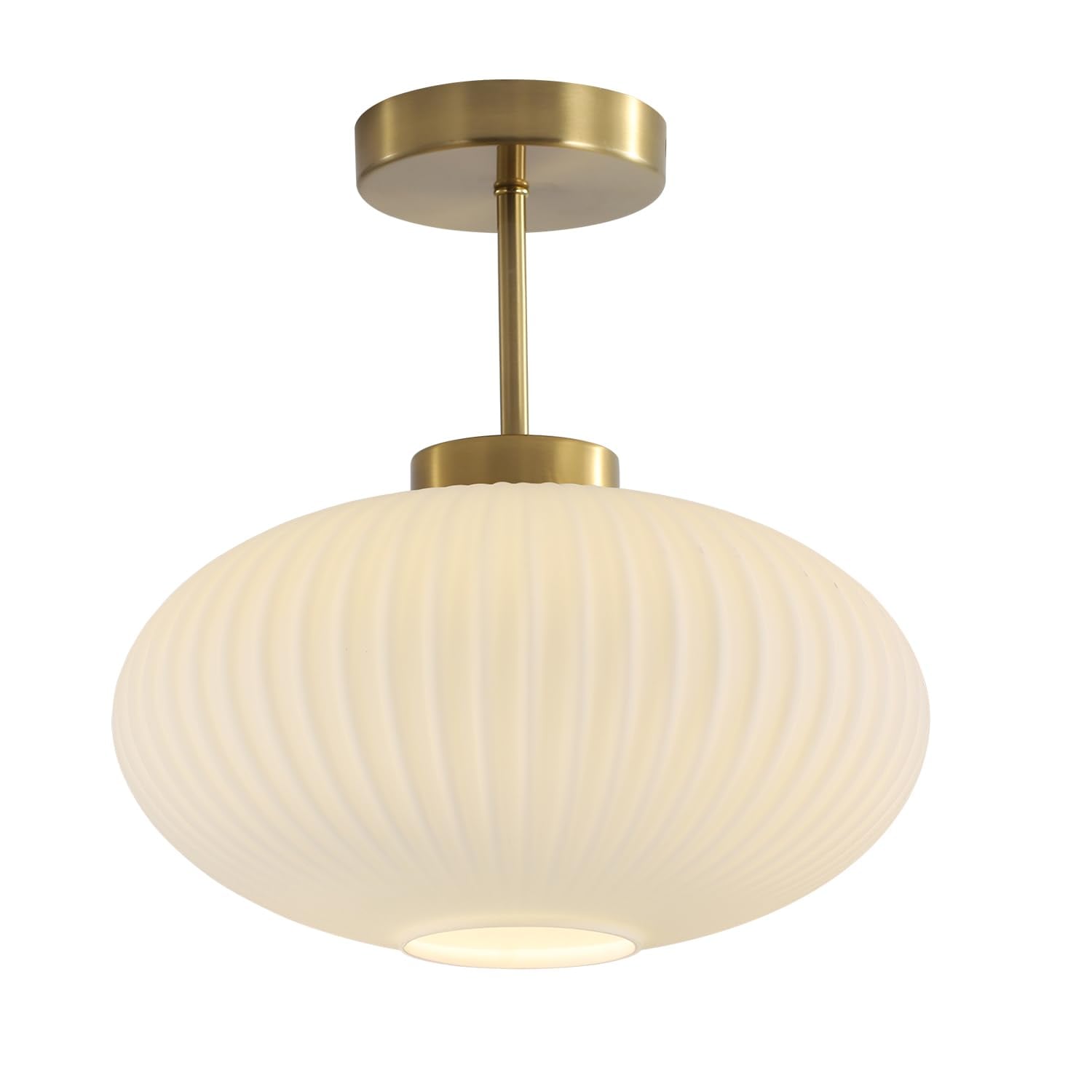 AOIZGMY  White Ribbed Glass Semi Flush Mount Ceiling Light Large Milk Glass Fixture Brushed Gold Finish Mid Century Modern Bathroom Entry Lighting
