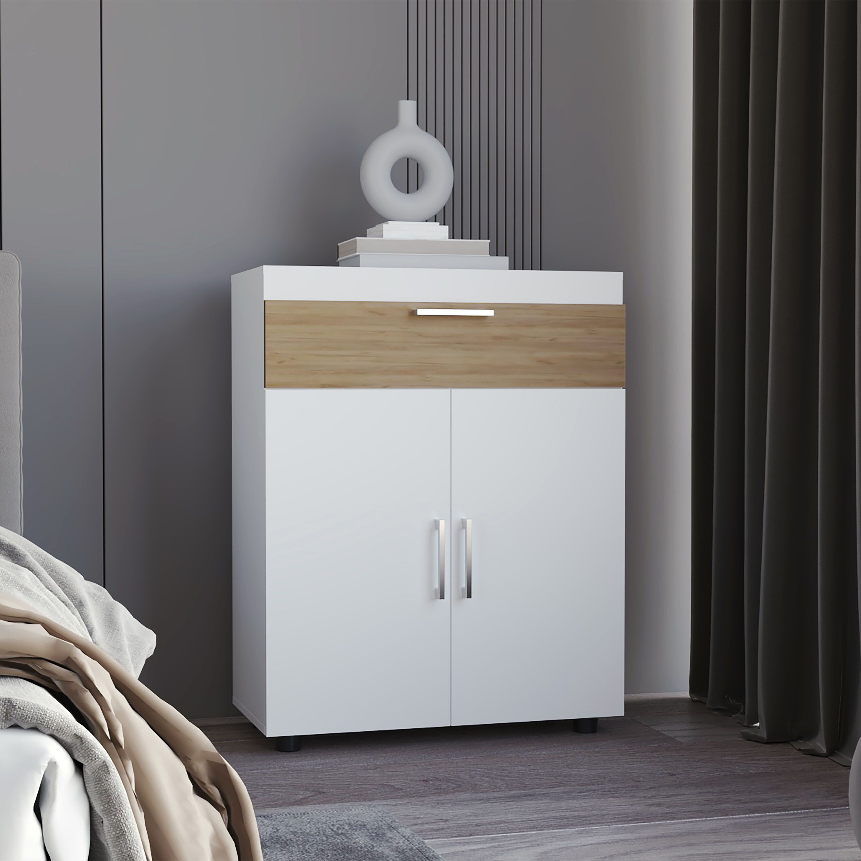 JUSHUA Belton Shoe Rack With Double Doors And Interior Shelves Freestanding Footwear Storage Cabinet White Natural Oak