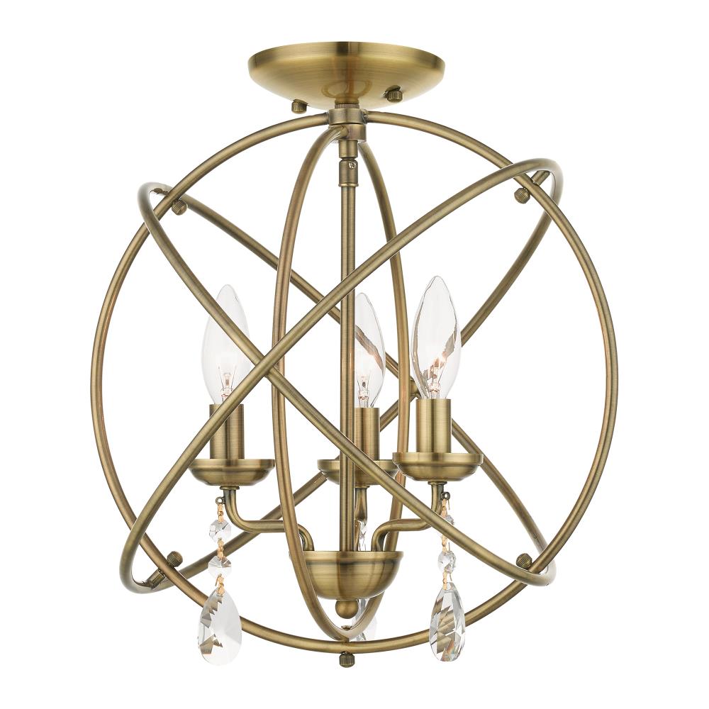 Antique Brass Mini 3-Light Chandelier with Teardrop Crystals
