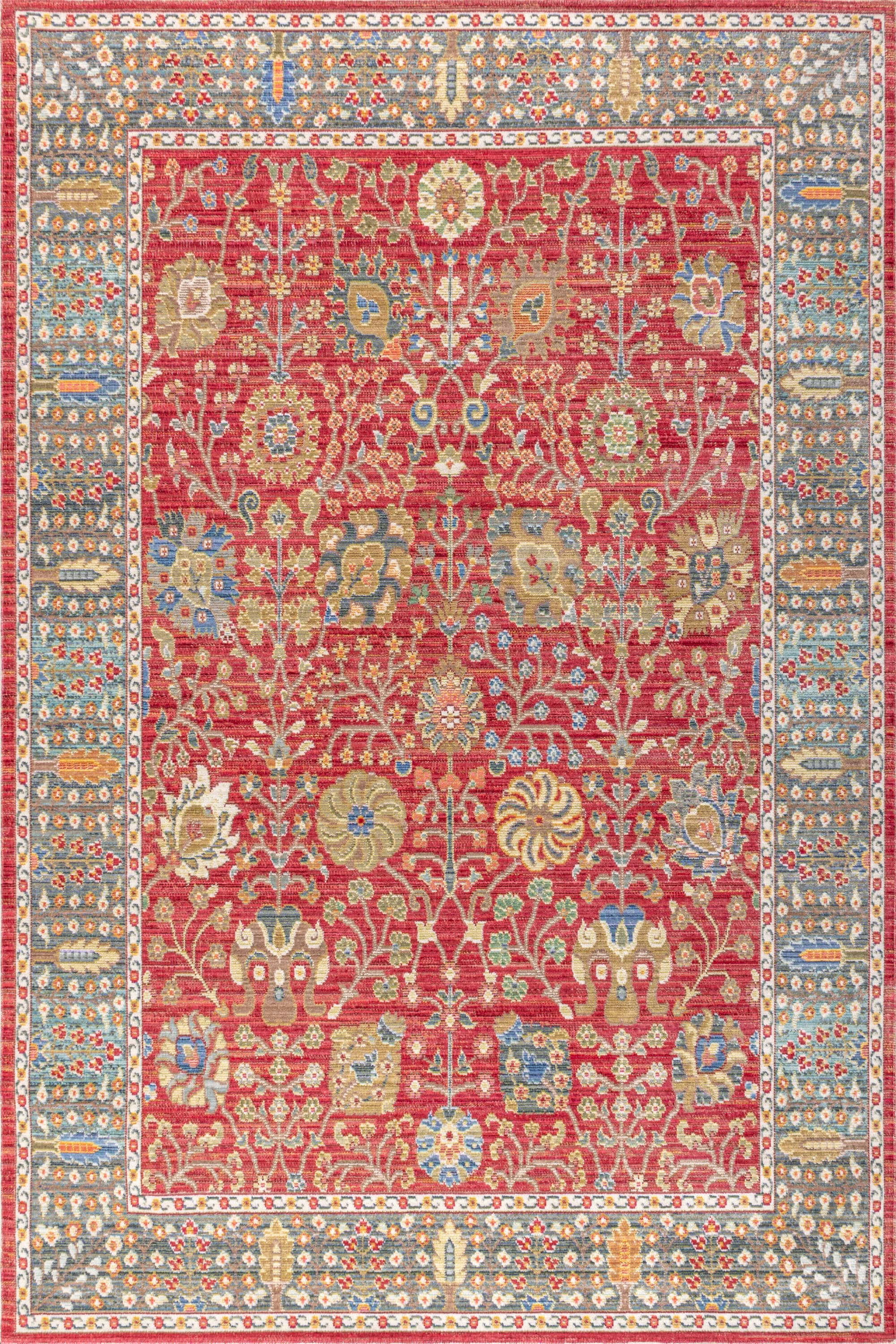 Burgundy and Light Blue Synthetic Floral Area Rug