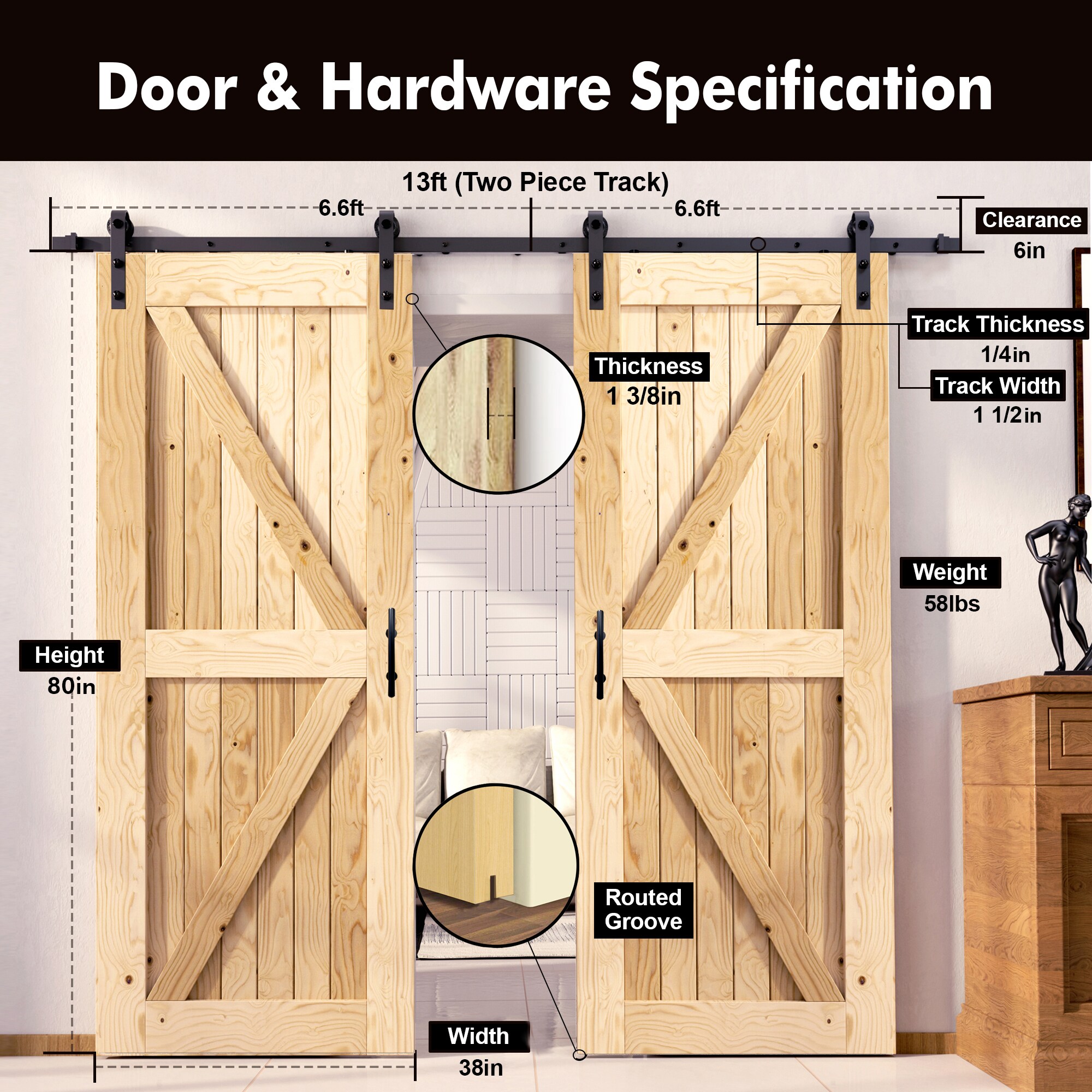 HOMACER YT2TGH156C-3880-FR Barn-Doors - View #2