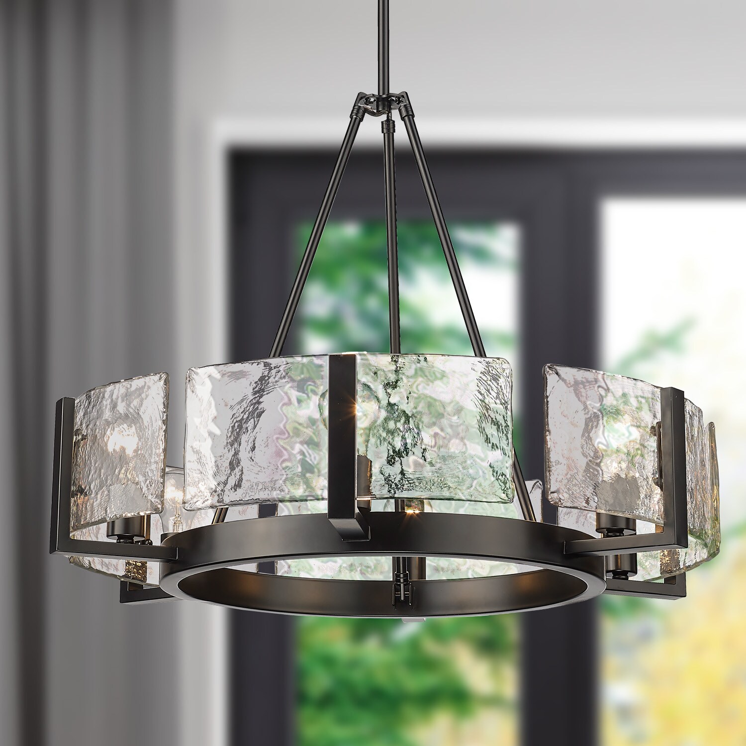 Aenon Matte Black 6-Light Chandelier with Hammered Glass