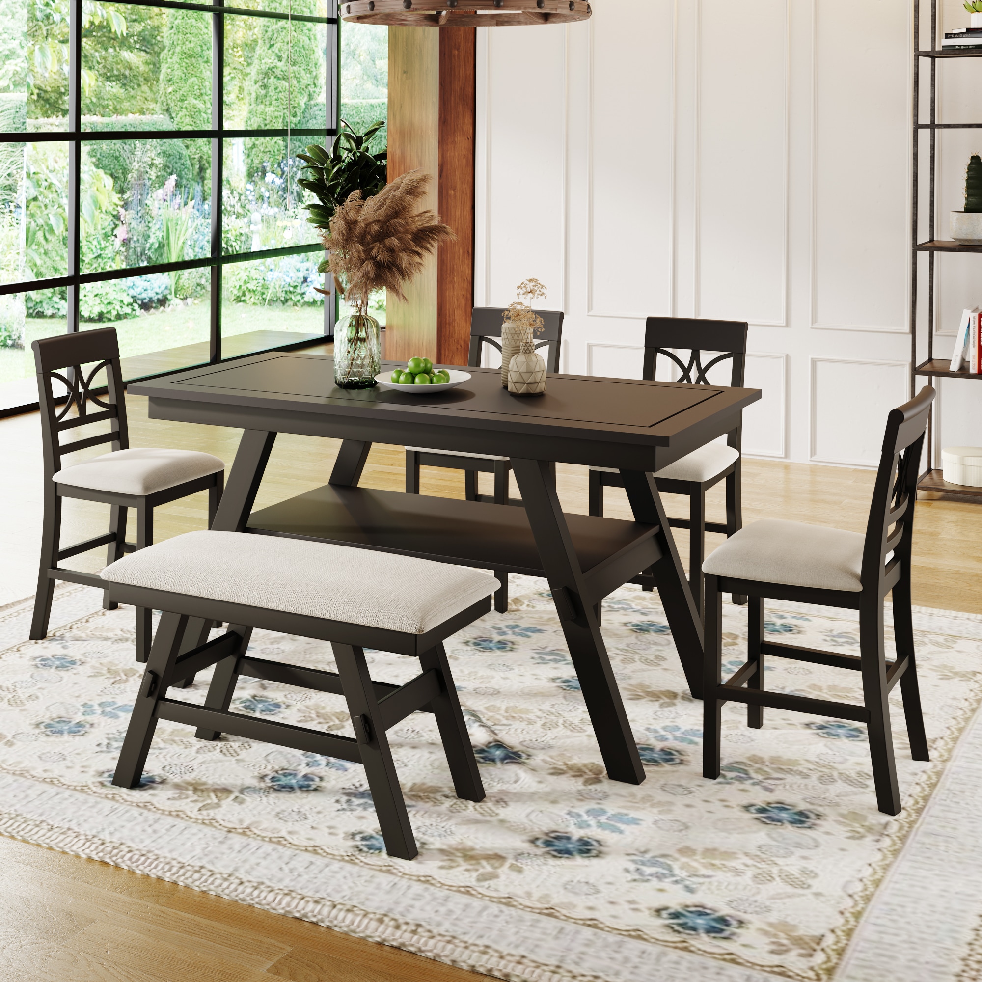 ModernLuxe SH000257AAP 6Piece Wood Counter Height Dining Table Set with Storage ShelfKitchen Table Set with Bench and 4 ChairsRustic StyleEspressoBeige Cushion