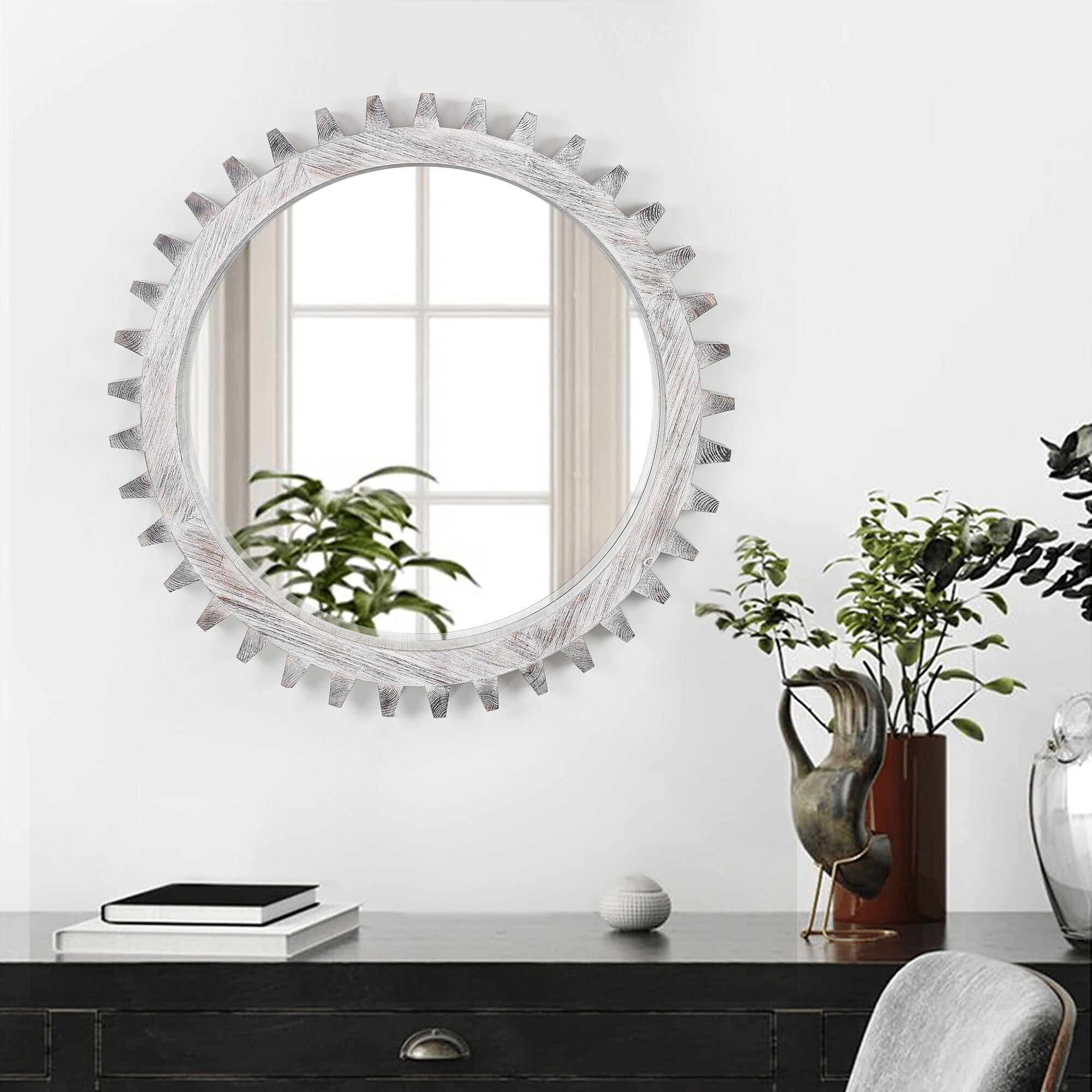 SINOFURN SYD240007LG 17-Inches W x 17.0-Inches H Sunburst White Washed Framed Wall Mirror