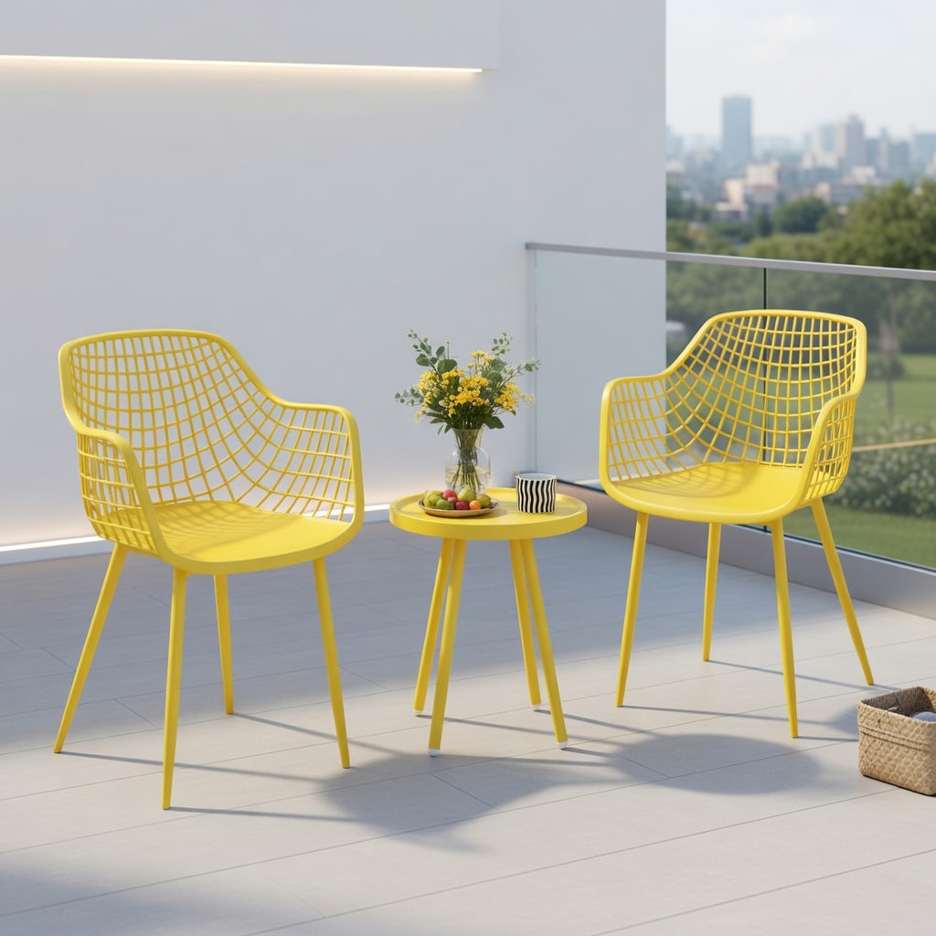 Choco Moon - 3-Piece Outdoor Metal PP Bistro Patio Set Yellow Black Frame Two Dining Chairs Round...