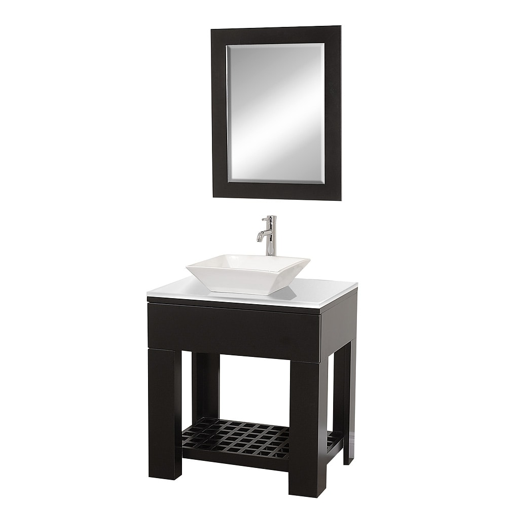 Wyndham Collection WCS1000ESWHD28WH Zen 30-in Espresso Single Sink Bathroom Vanity with White Glass Top (Mirror Included)