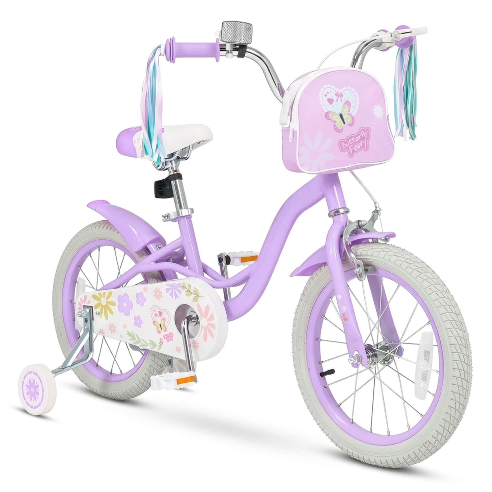 SUGIFT 16-in Girls Kids Bike with Front Bike Bag Handlebar Streamers 2 Removable Training Wheels Dual Hand and Coaster Brakes Enclosed Chain Guard Mudguards Bell Reflectors and Adjustable 21.5-in to 25.5-in Seat Purple Bicycle for Ages 4 to 7